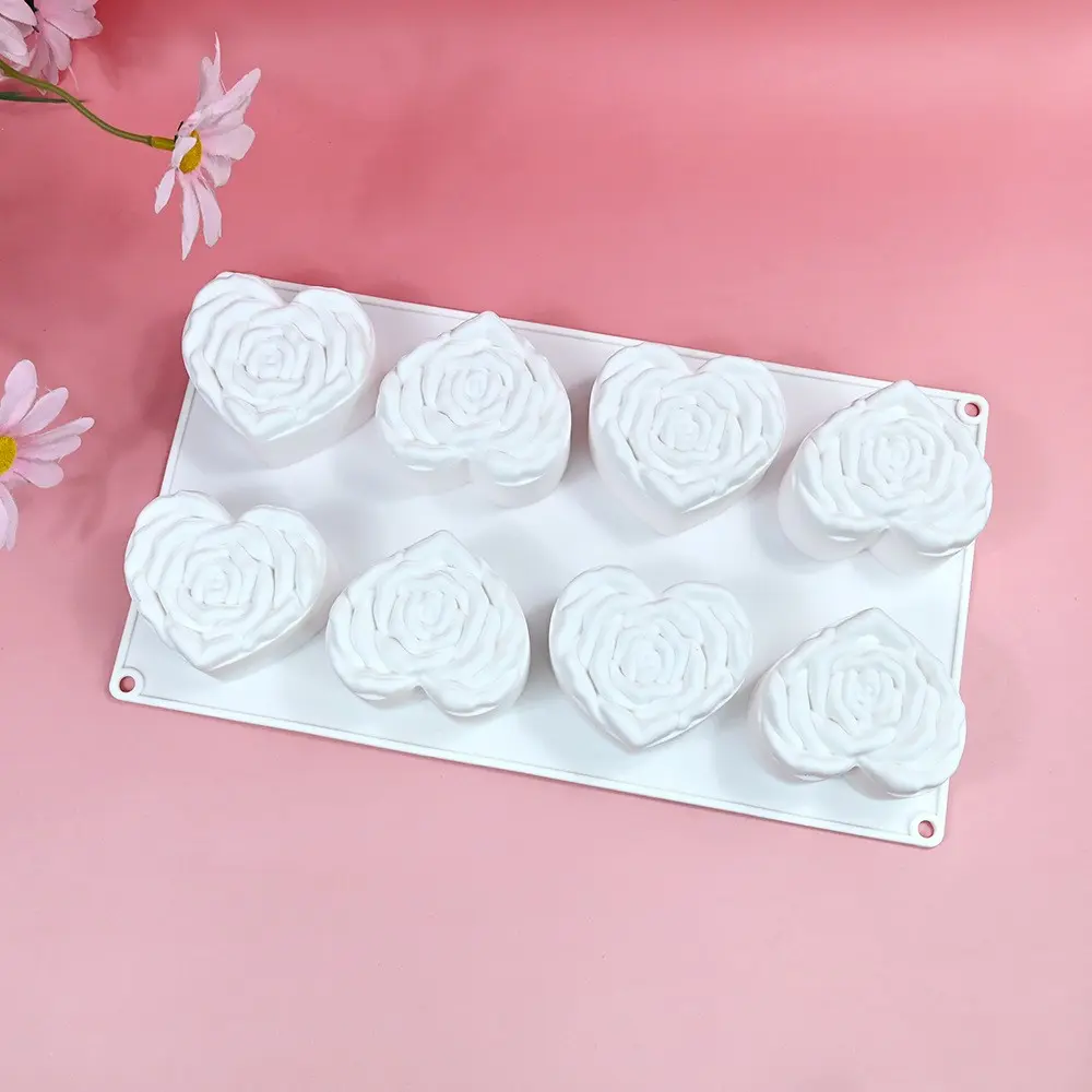 Valentine's Day 8 Heart Rose Mousse Cake Mold, DIY French Chocolate Dessert Baking Silicone Mold, Perfect for Sweet Treats