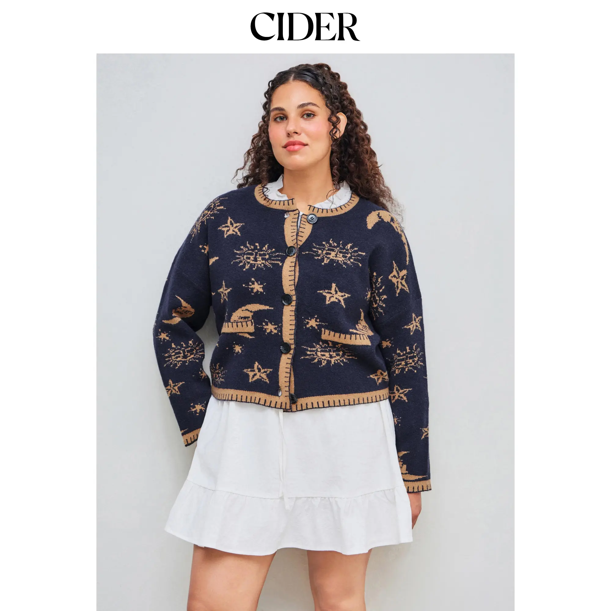 Cider [size 12/14-26] Knit Round Neckline Star Sun Moon Contrasting Binding Long Sleeve Cardigan SohoChic