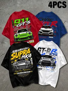 4-Pack Short Sleeve Tees, Streetwear for Car Enthusiasts, 911 Gt3 Civic Type R Supra Print, Breathable Fabric, Unisex Long Top