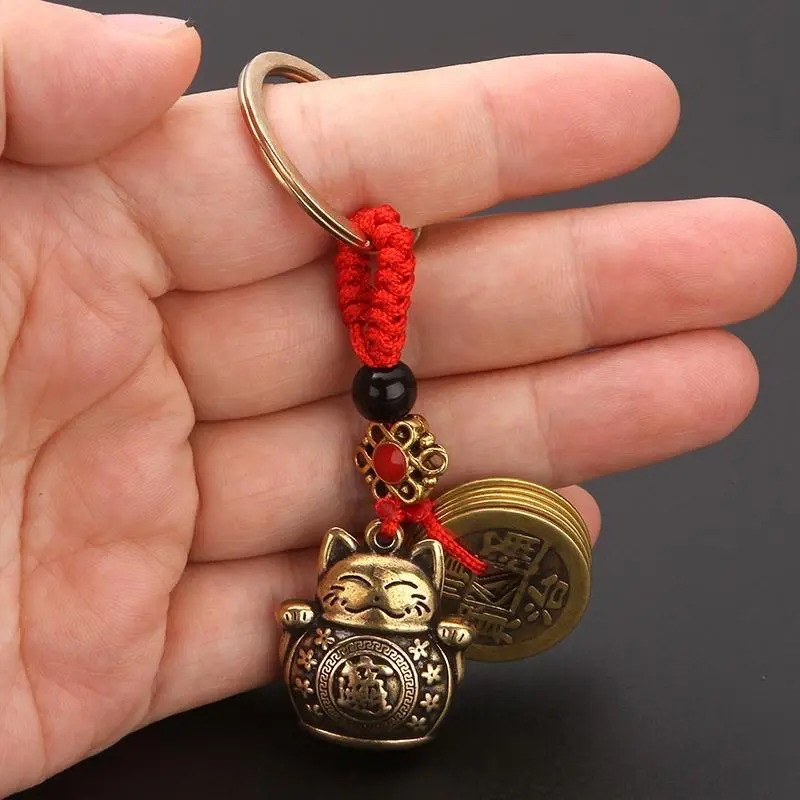 2 pcs Vintage Lucky Cat Design Keychain, 1 Count Feng Shui Solid Keyring for Good Fortune & Car Decoration, Crochet Keychain, Cute Keychain, Home Decor, Room Decor