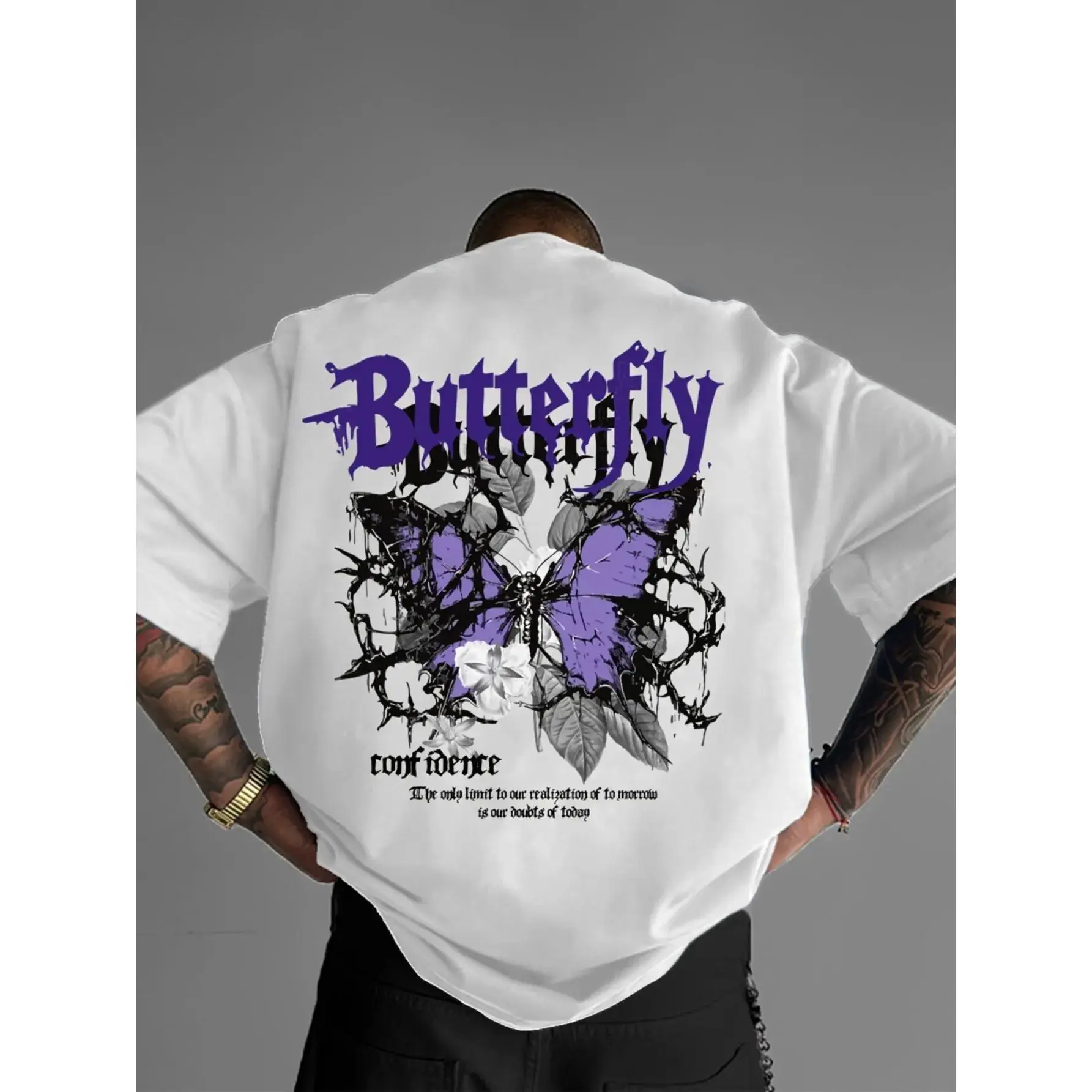 Butterfly Gothic Purple Thorn Butterfly Confidence Quote Double-Sided Graphic Tee - Standard 100% Pure Cotton Short Sleeve Crewneck Casual Top for Men, Women & Teens, Trendy Y2K Streetwear Apparel, Outfit & Gift