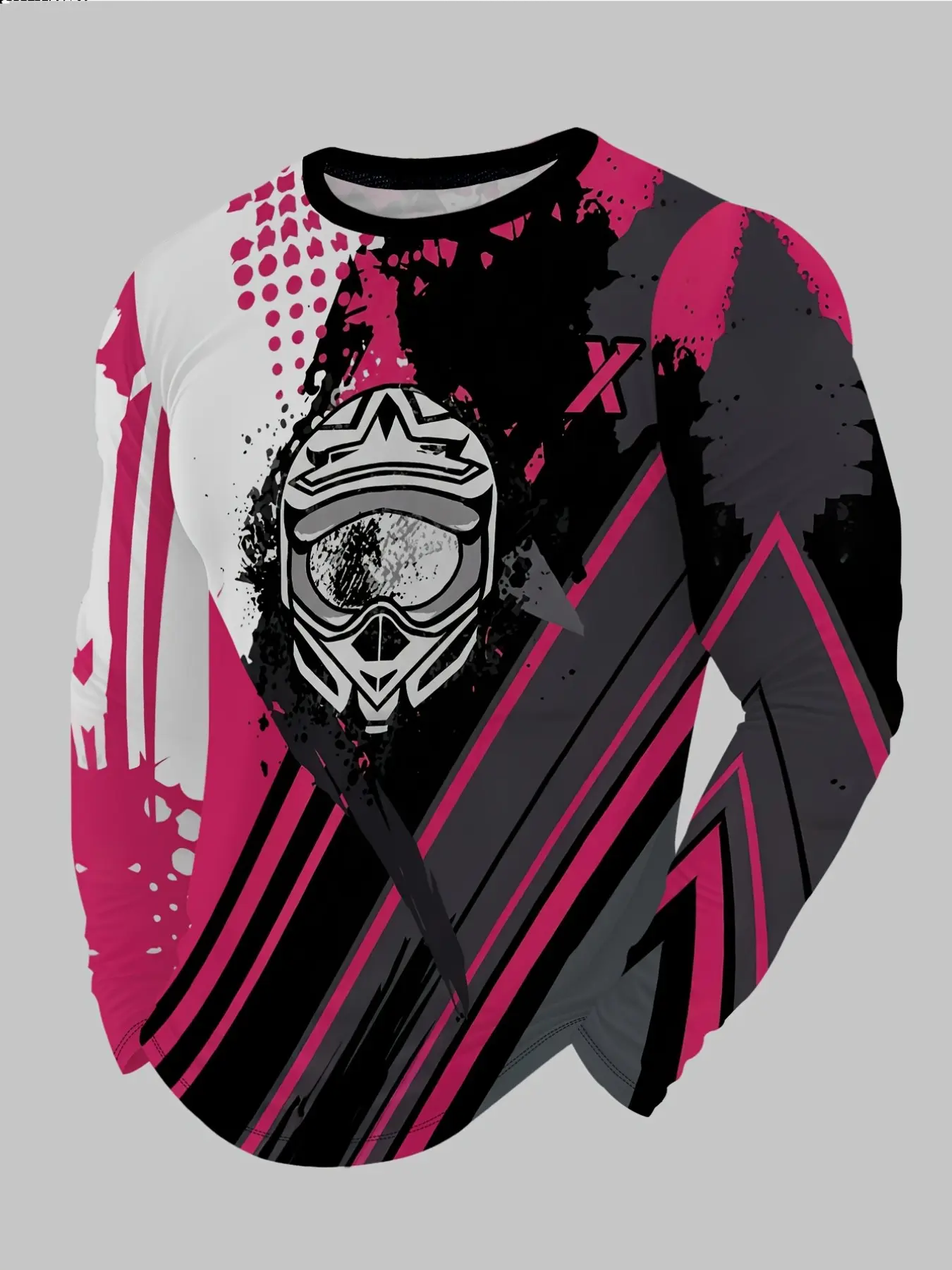 Men Motocross Helmet Graphic Long Sleeve Riding Jersey, Pink Black Splash Color Block Crew Neck Top, Breathable Off Road Sports Casual Long Sleeve Shirt.