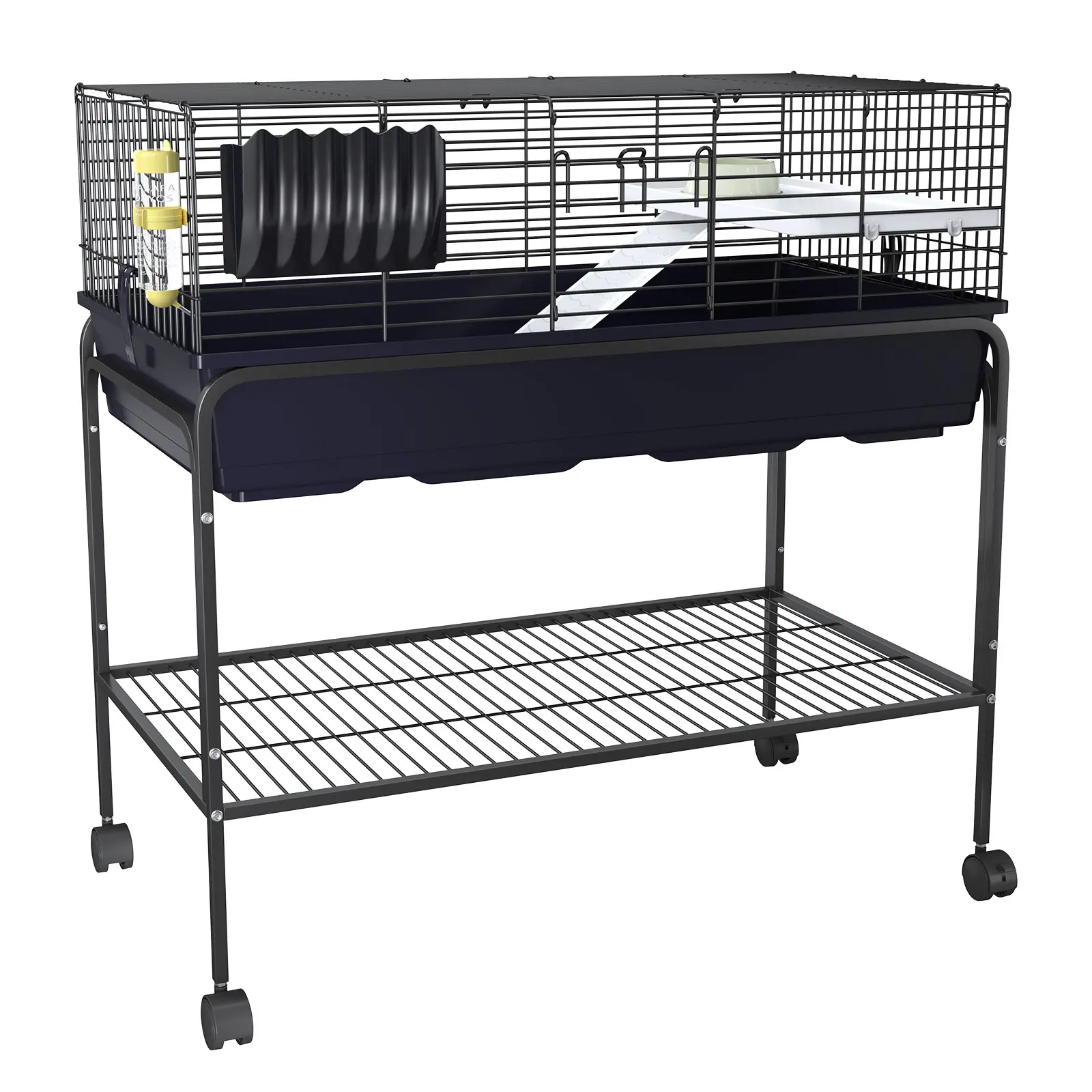 Steel Guinea Pig Cage with Detachable Stand - Rolling Wheels, Food Dish, Water Bottle, Hay Feeder, Platform, Ramp - Easy Access Safe Space for Small Animals (39.0" x 20.9" x 36.8"), Low Carbon Steel