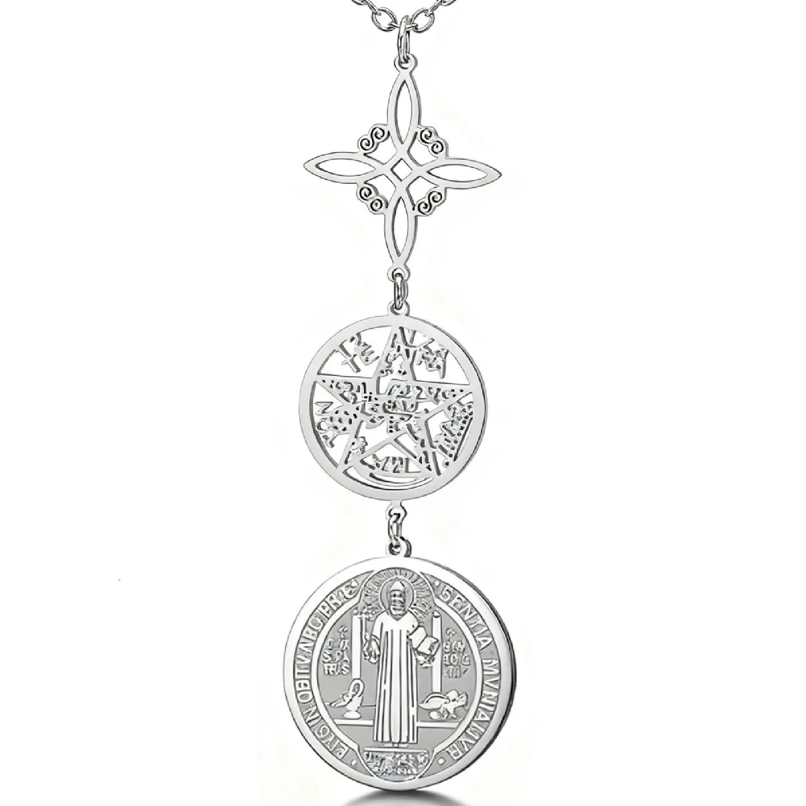 Women's Stainless Steel Triple-Protection Pendant Necklace - Witch Knot, Tetragrammaton, St. Benedict Amulets, Unisex Costume Jewelry Gift