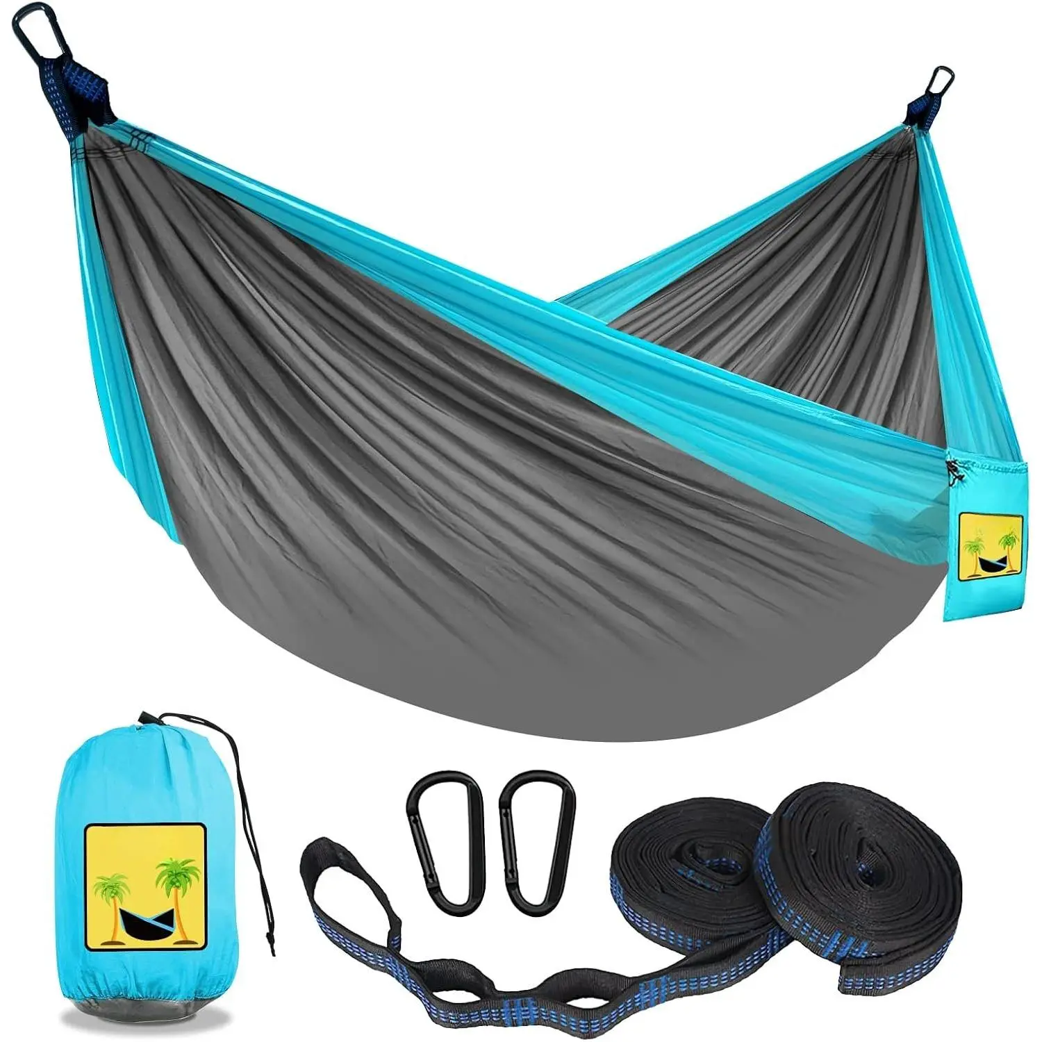 Camping Hammock Double & Single Portable Hammocks with 2 Tree Straps and Attached Carry Bag, for Outdoor,Indoor,Beach,Camping,Light Grey / Sky Blue