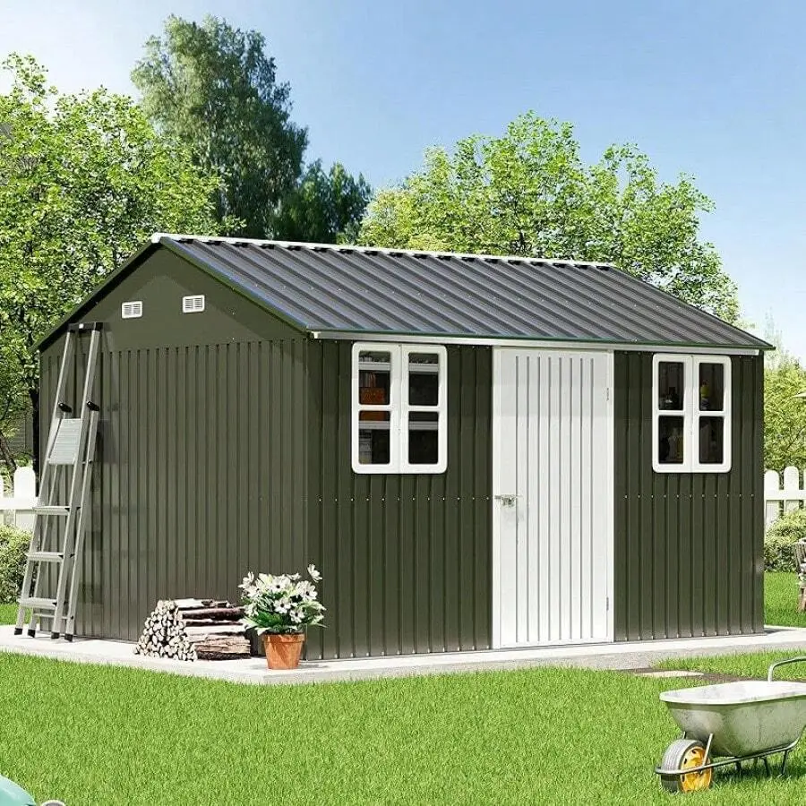12x10.3x8.1 FT Galvanized Steel Outdoor Storage Shed With Lockable Hinged Door And 2 Windows, Metal Shed And Backyard