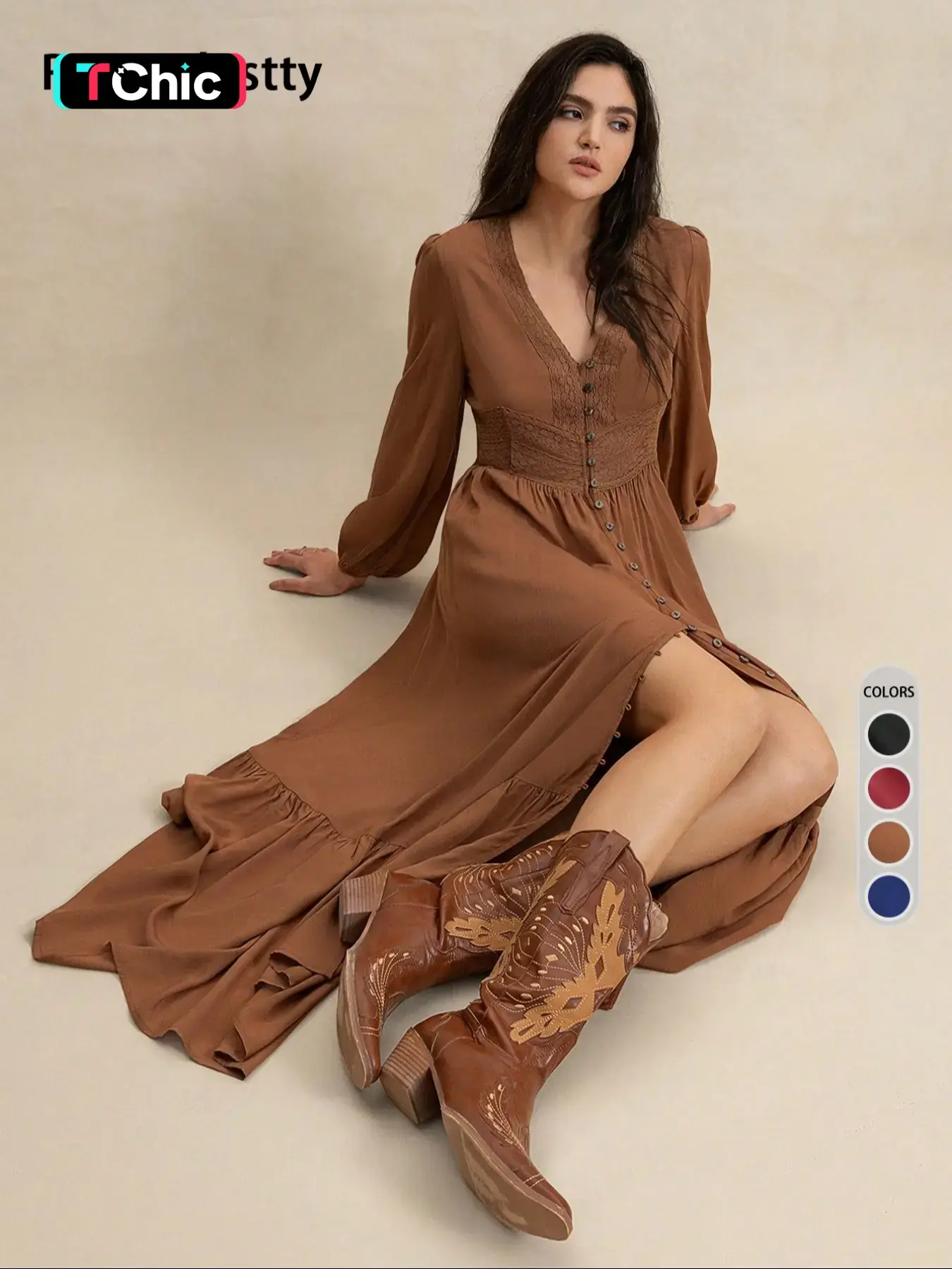 Women's Plain Plaid V Neck Long Sleeve Dress, Casual Fitted Woven Fabric Basic Dress for All Seasons, Daily Wear Fashionable Women's Clothing