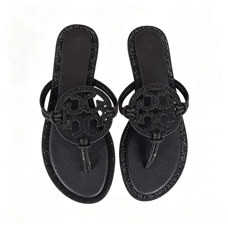 Women Rhinestone Circle Ornament Thong Flat Sandals, Sparkly Crystal Trim Flip Flops, Casual PU Leather Slip On Summer Slide Sandals, Fashion Dressy Beach Vacation Walking Thong Slippers For Daily Outdoor Wear