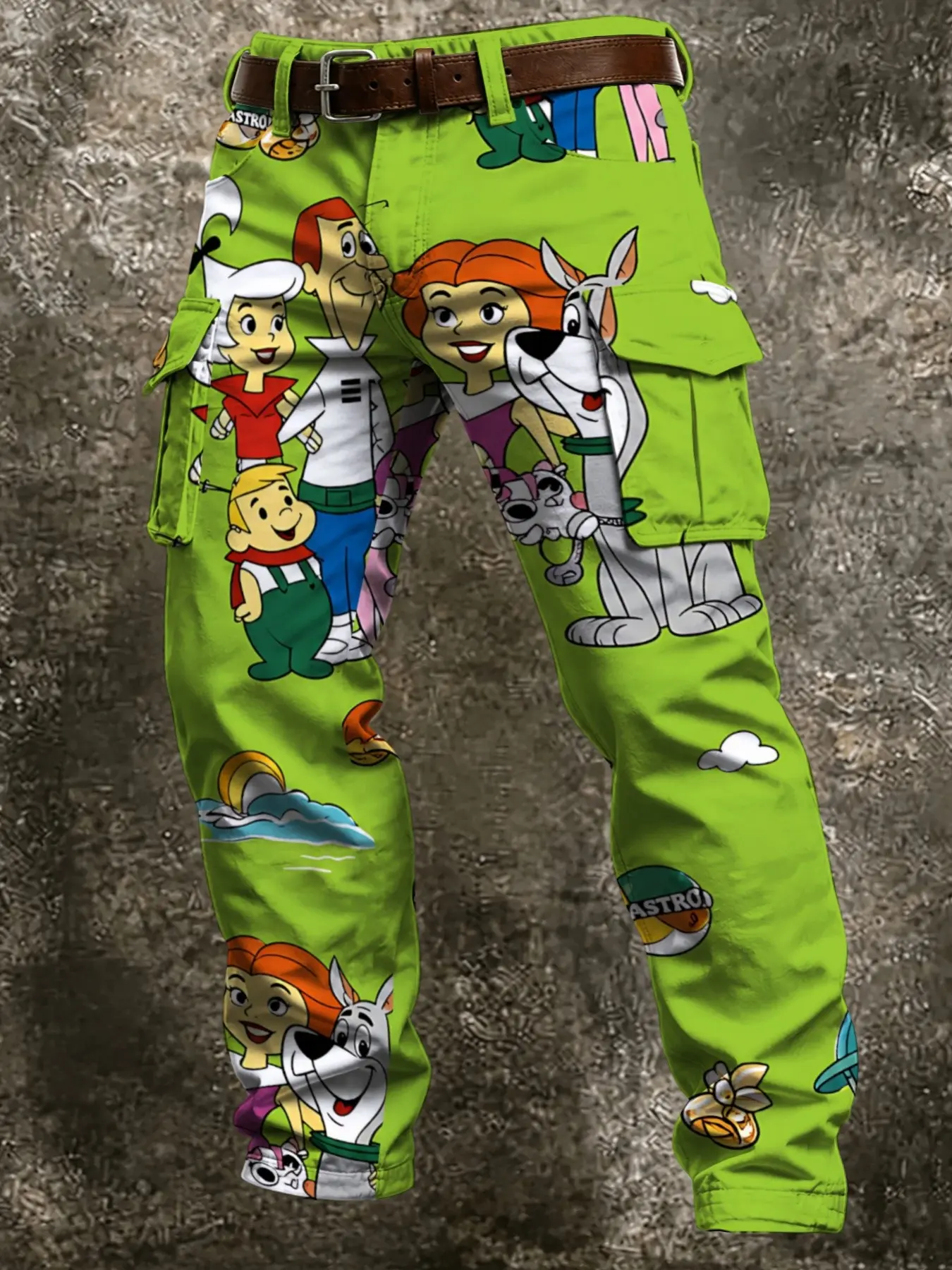 Bright Classic Modern Family Animation Full Print Cargo Pants, Retro Cartoon Youth Trendy Multi-Pocket Casual Long Trousers