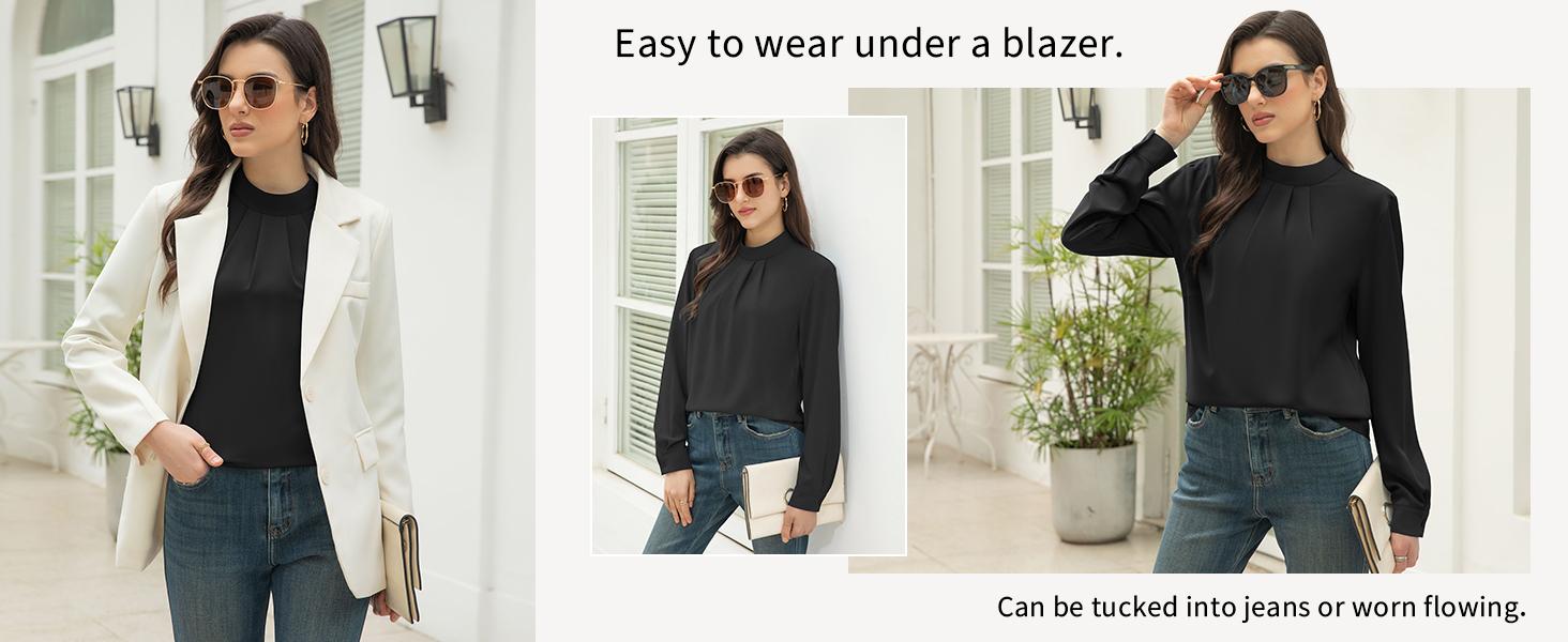 Women's Long Sleeve Chiffon Blouse - Mock Neck, Front Pleated, Fall Trendy Tunic - Soft Fabric, Elegant Design, All Match, Various Occasions, Stand Collar, Multiple Colors plus size fashion #Springfresh