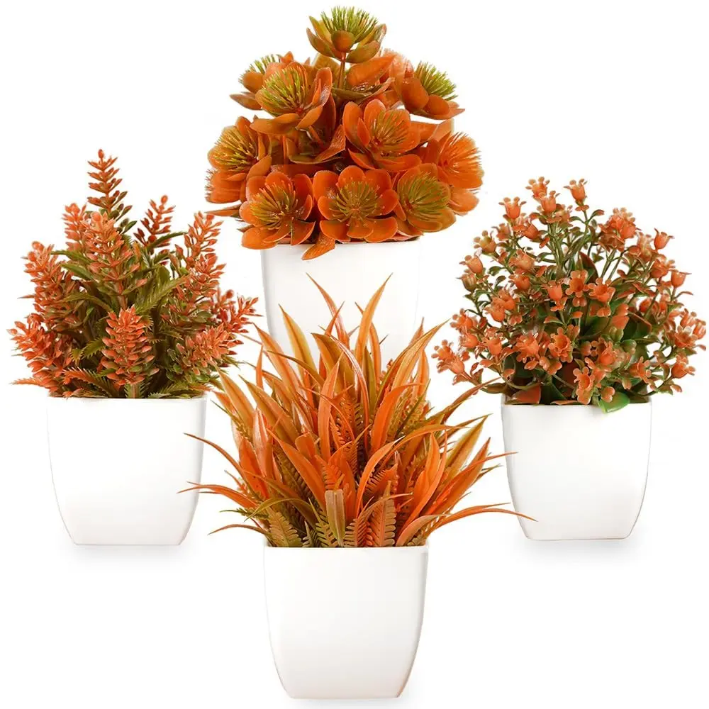 4 Pack Fake Eucalyptus Plants, Autumn Mini Artificial Potted Plant, Fall Home Decor, Plastic Small Decorative Tabletop Plants for Indoor Office Desk Room Bathroom Decor ()
