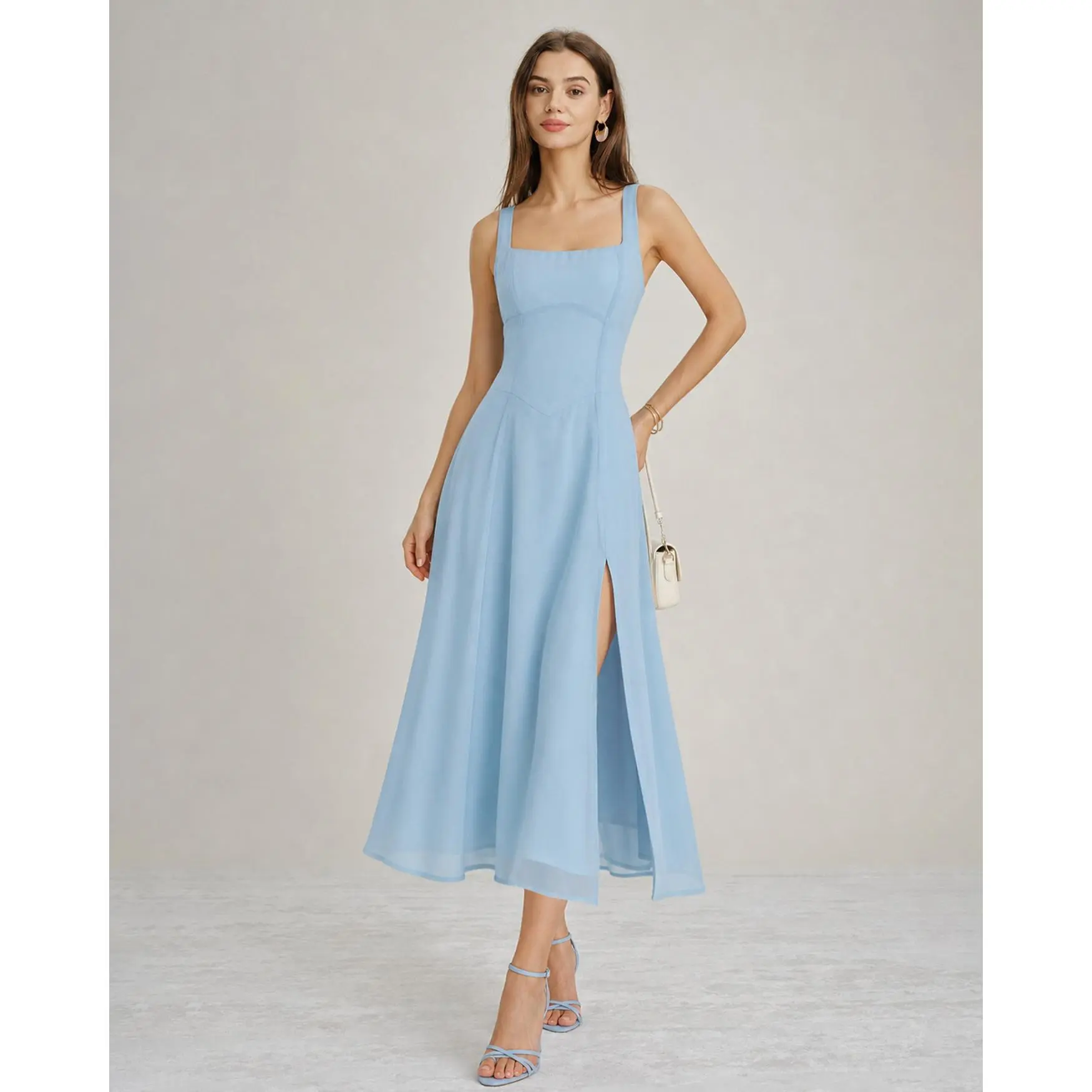 Blue Square Neck Slit Chiffon Midi Dress Blue Square Neck Slit Chiffon Midi Dress