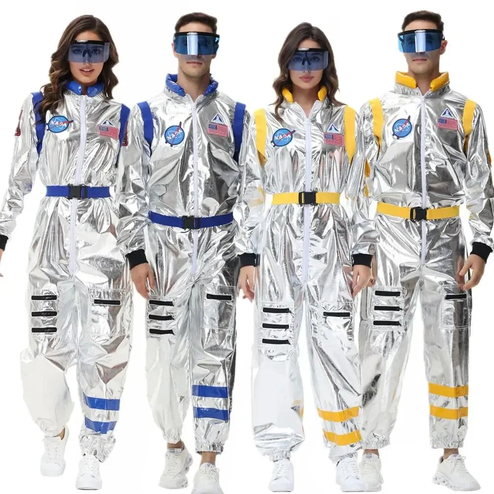 Men's Silver Astronaut Jumpsuit, Spaceman Suit with Belt, Adult Cosplay Clothes for Halloween Party Dress-Up
