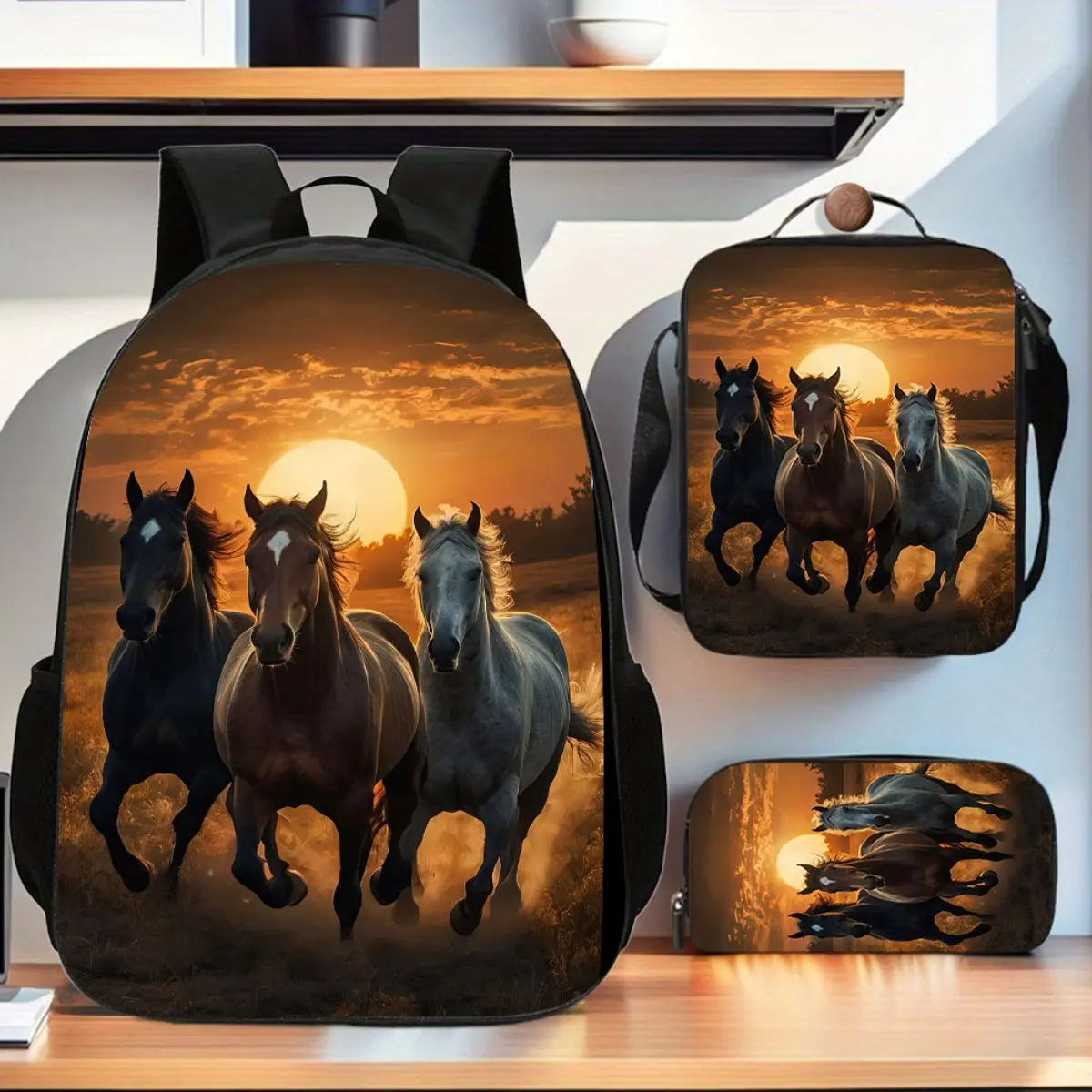 3pcs/Set Unisex Horse Print Durable Fabric Backpack - Lightweight, Adjustable Shoulder Straps, Large Capacity with Laptop Compartment, Pencil Bag & Lunch Box for School, Travel