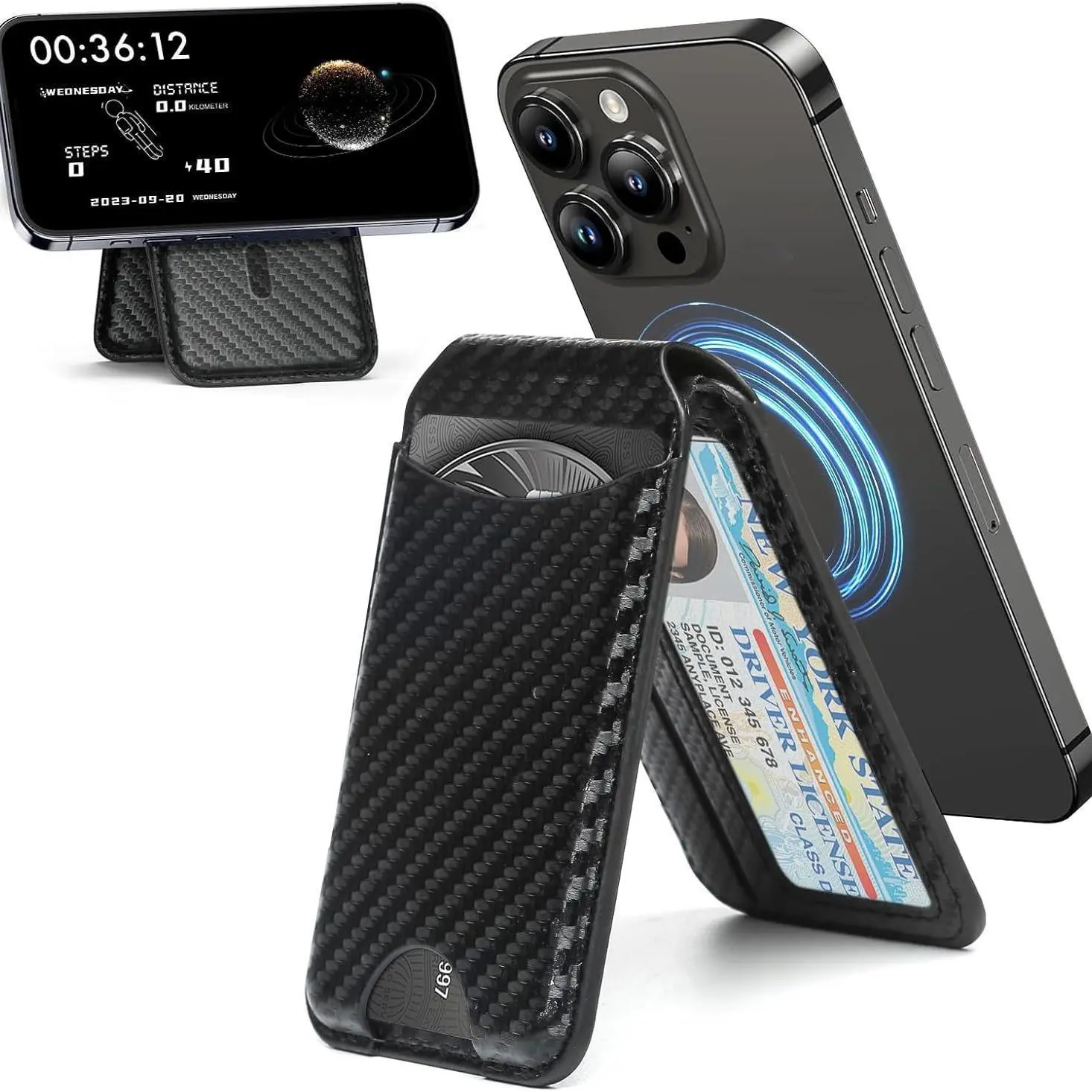 Magnetic Vegan Leather Cellphone Wallet with Adjustable Stand - Mag-Safe Compatible Card Holder with Card Slots, Transparent Window, Carbon Fiber Phone Accessories, Multi-Model Landscape View Mount for iOS iPhone 16 Series, Smartphone