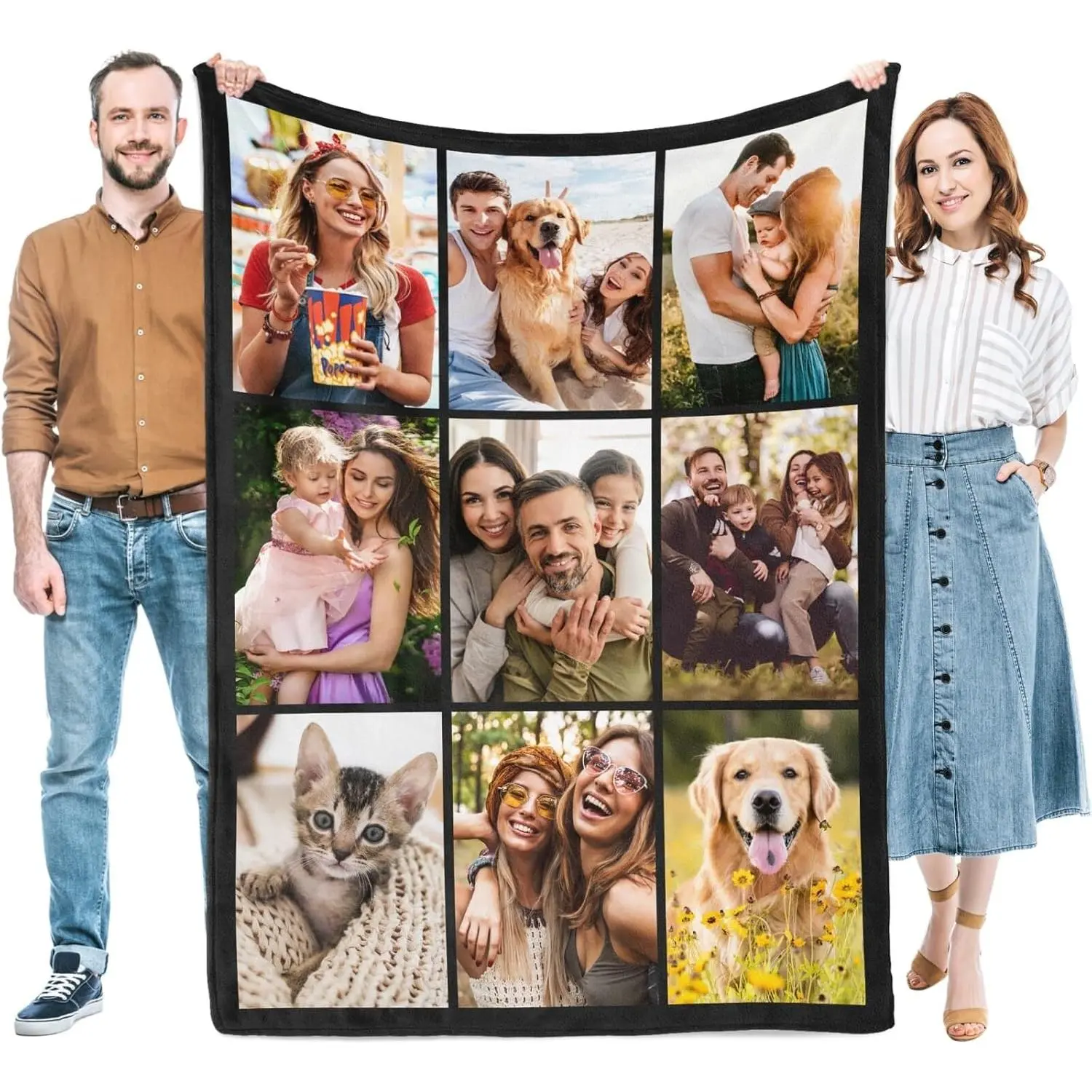Custom Photo Flannel Throw Blanket, Black 3x3 Collage Blanket with 9 Picture Grid Design, Soft Cozy Warm Blanket for Family, Couples, Pets, Birthday, Anniversary & Personalized Memory Gift