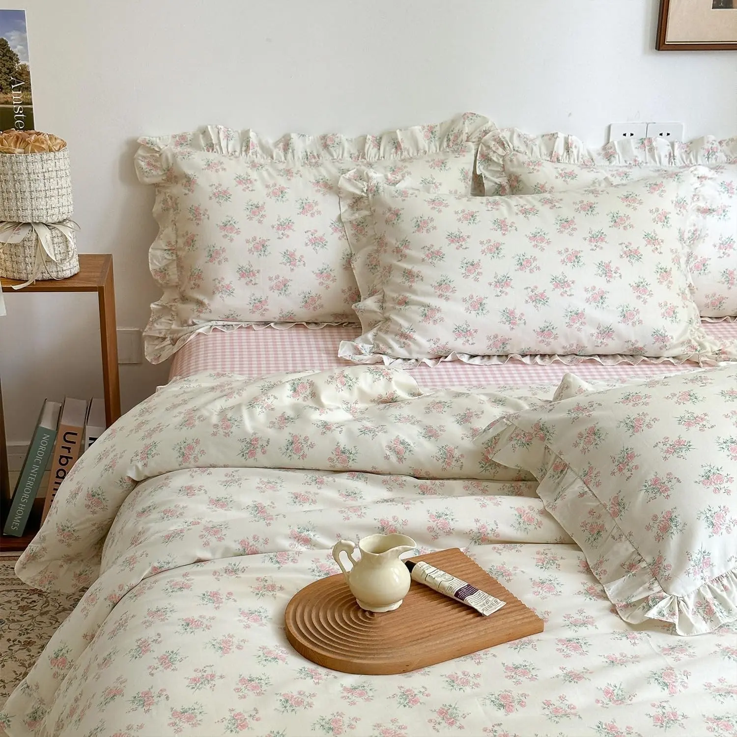 Pink Floral Duvet Cover Set Full Size - 100% Cotton Ruffle Lace Bedding Set for Girls, Romantic Cottagecore Style Duvet Cover with Zipper Closure, Soft Aesthetic Princess Bedding-Full