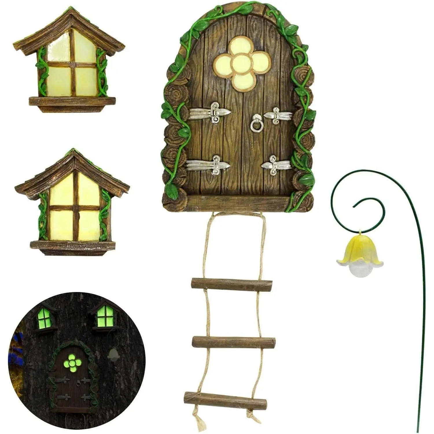 Fairy Door and Windows Garden Kit Accessories Outdoor, Glow in Dark Gnome House for Tree, Lawn Yard Art Sculpture, Miniature Garden Decor (Ladder)