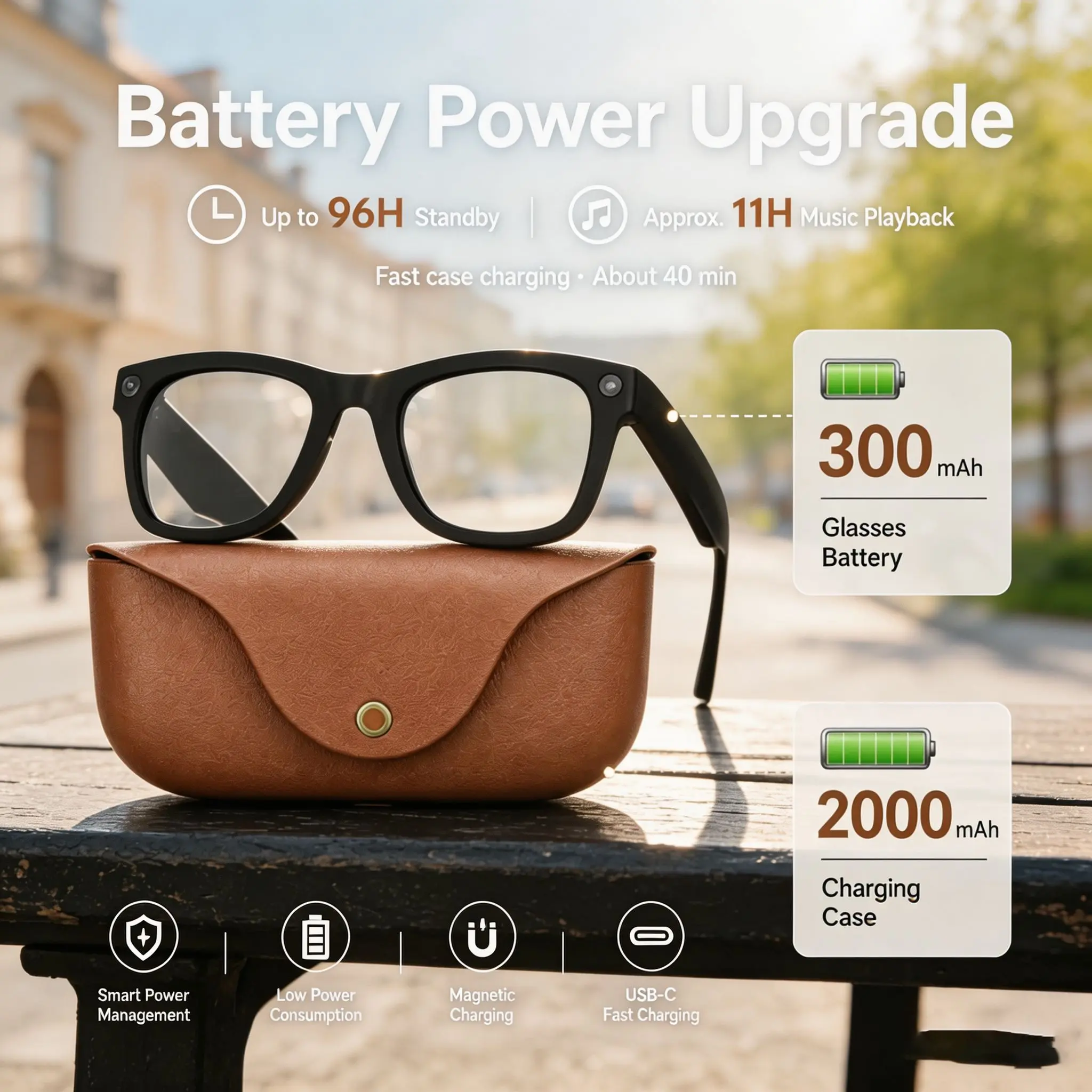 Mt5 Smart Glasses with 2000mah Charger, HD Camera, Eis Stabilization, Bluetooth-compatible HiFi, Touch Control, Suitable for Meetings and Driving