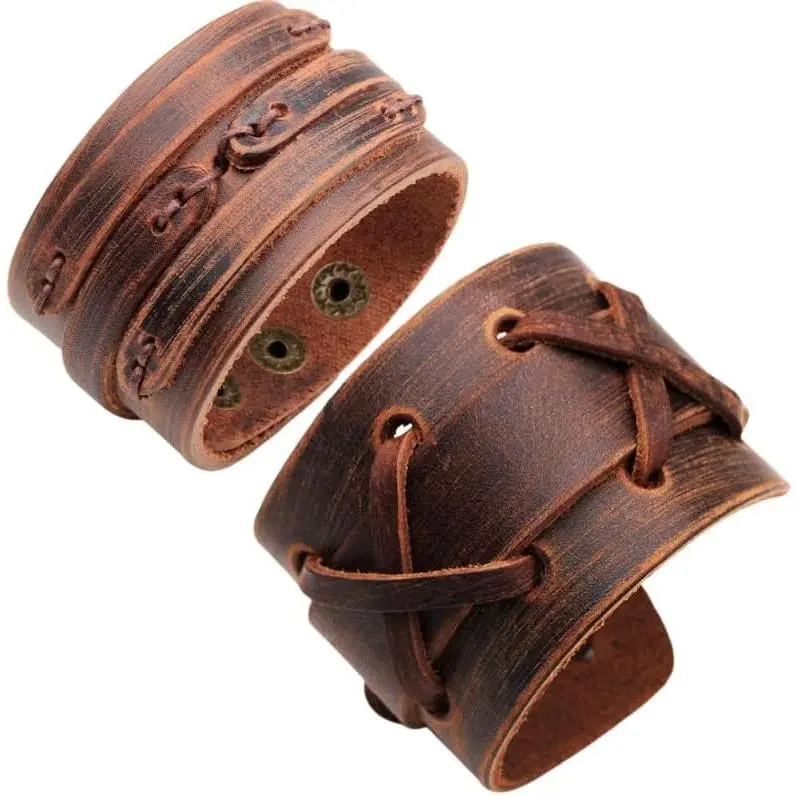 Punk Leather Cuff Bracelet, 2PCS Vintage Braided Leather Wristband for Men Women