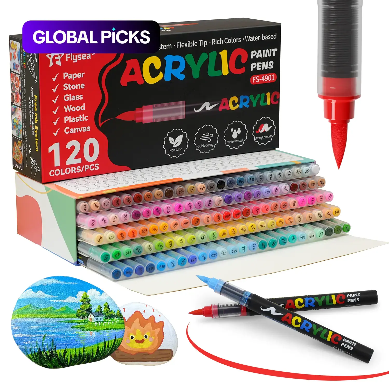 Acrylic Paint Pen Set, 12/24/36/48 Colors Brush Tip Acrylic Paint Pen, Acrylic Paint Markers, Waterproof & High Saturation Ideal for Wood, metallic, Plastic, Canvas, Fabric, Glass, Ceramic, Rock Painting #GLOBAL PICKS