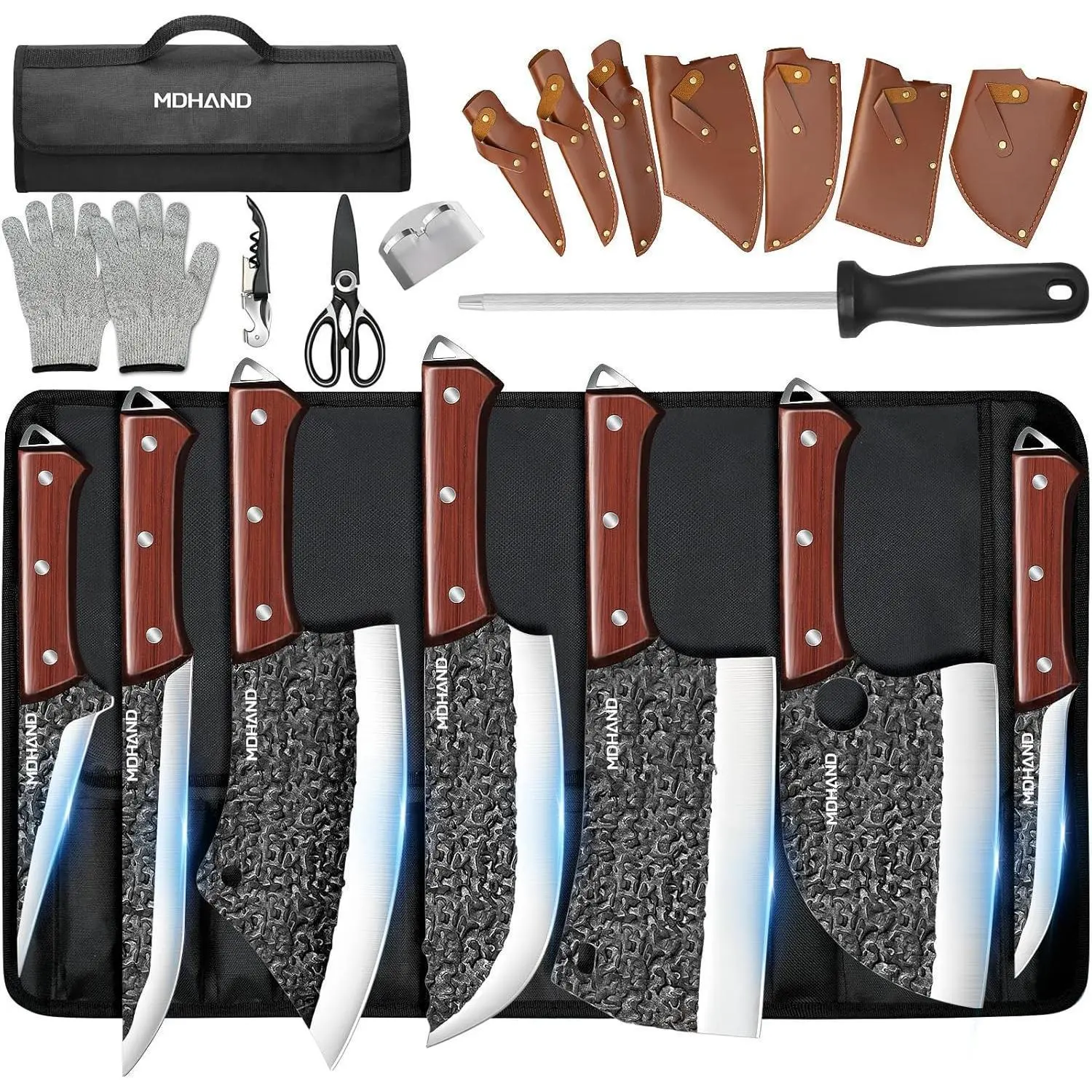 MDHAND 14pcs Ergonomic Striped Kitchenware Set - Hand Forged High Carbon Steel Tools, Includes Butcher, Meat Cleaver, Boning, Cutting Implements with Knife Roll Bag#DealsForYouDays