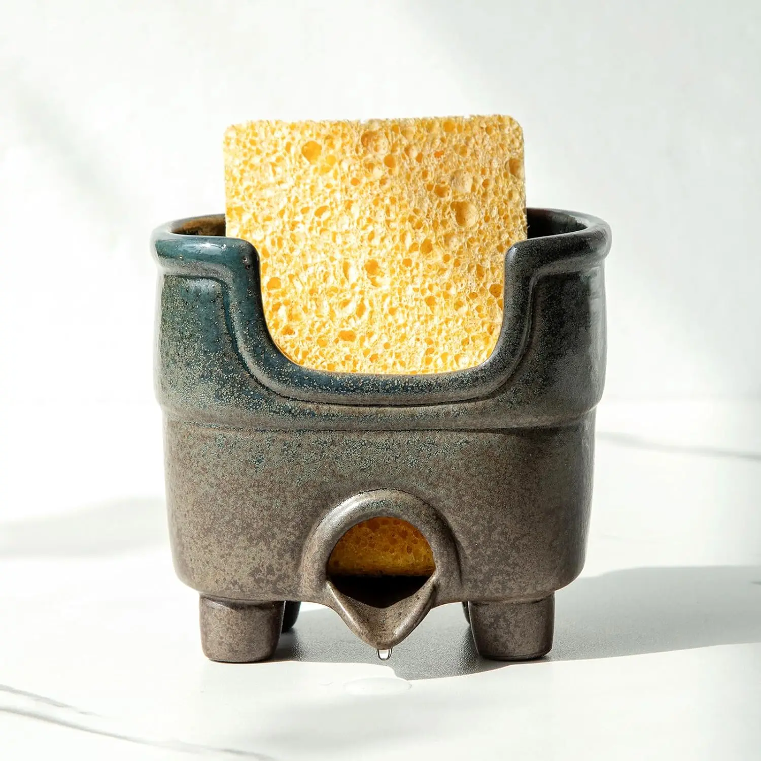 Ceramic Sponge Holder with Drainage - Compact Rustic Country Blue Kitchen Accessory, Self-Draining Sink Organizer for Sponges, Soap, Brushes, Keeps Counter Dry, Accessories, Drains Water
