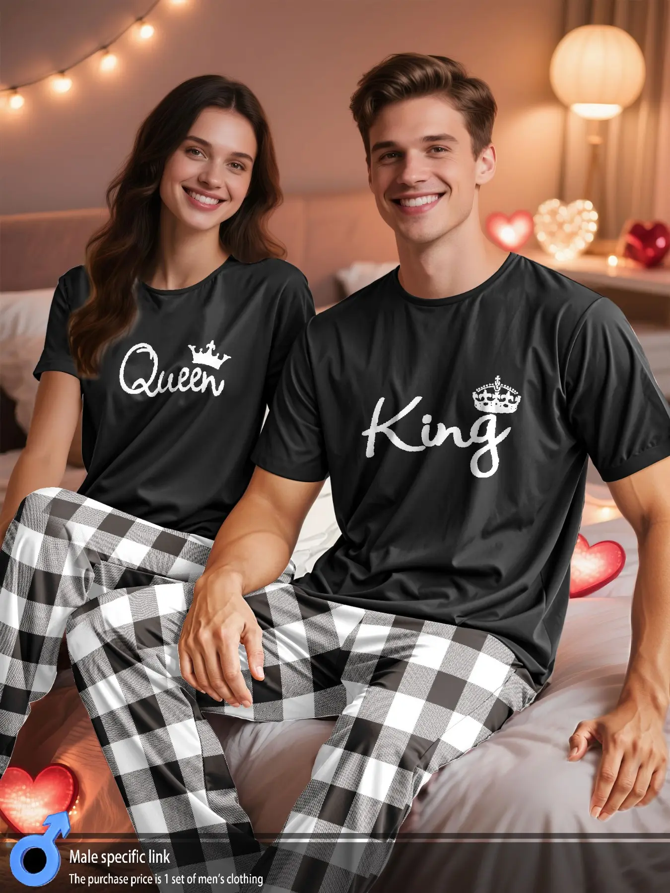 [men/women] Couple Style Matching Pajama Set, Men's or Women's Sleepwear, King and Queen Print, Short Sleeve Long Pants, Suitable for Cool Weather