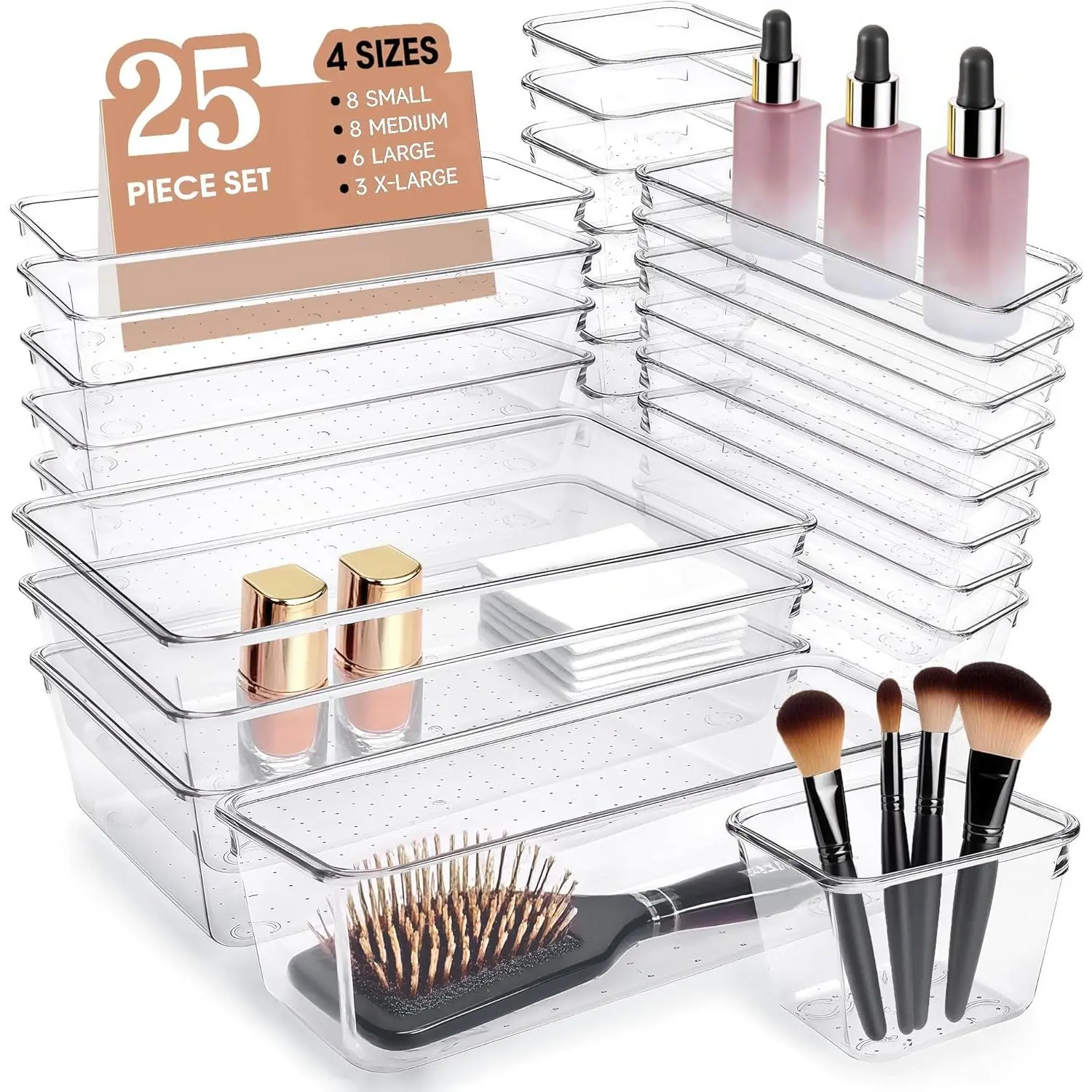 Clear Drawer Organizers 8 Pack and 25 Pack Options, Oil Proof Kitchen Storage Bins with Non Slip Base, Stackable Transparent Trays for Bathroom Countertop Skincare Makeup Tools, Fits Silverware Utensils Spices and Toiletries, Home Organization