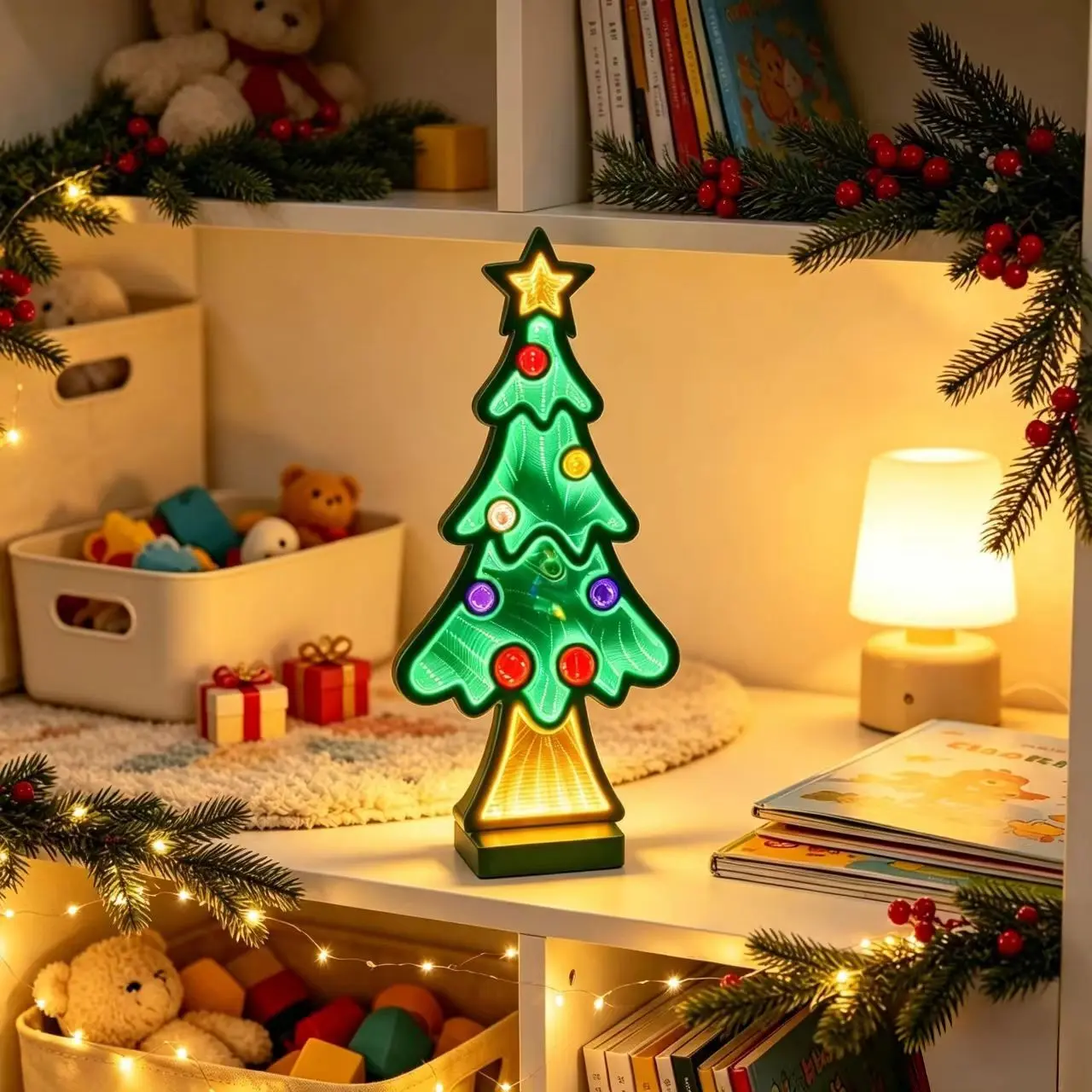 Christmas Tree 3D Infinite Mirror Tunnel Light, LED Multi-Layer Mirror Deep Well Lamp, Desktop Nightlight, Holiday Gift