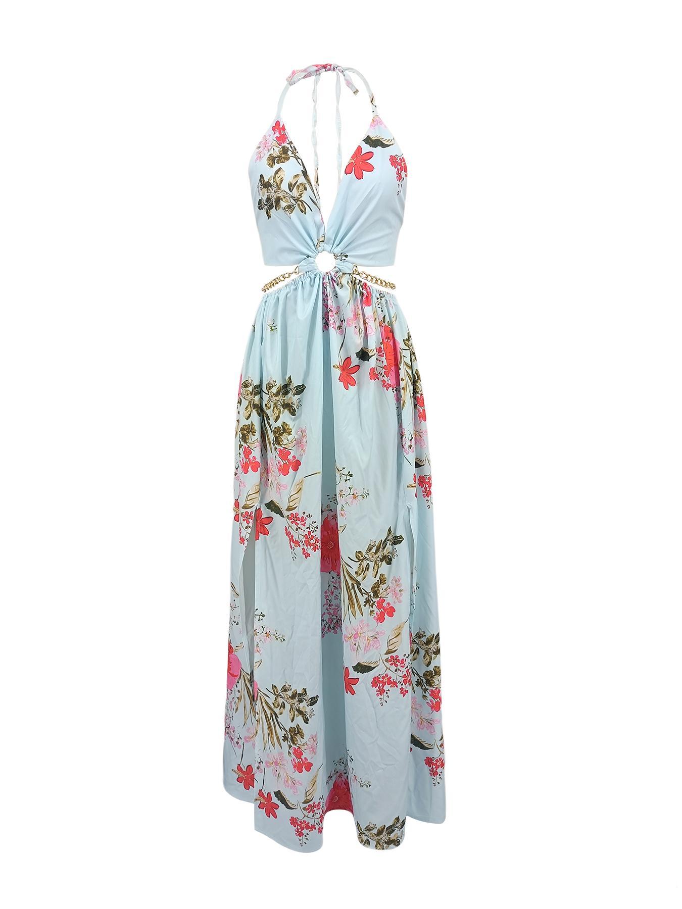 Summer Floral Print Deep V Halter Neck Sleeveless Tie Split Maxi Dress Casual Wear Boho Boho Chic Dress Womenswear Bohemian