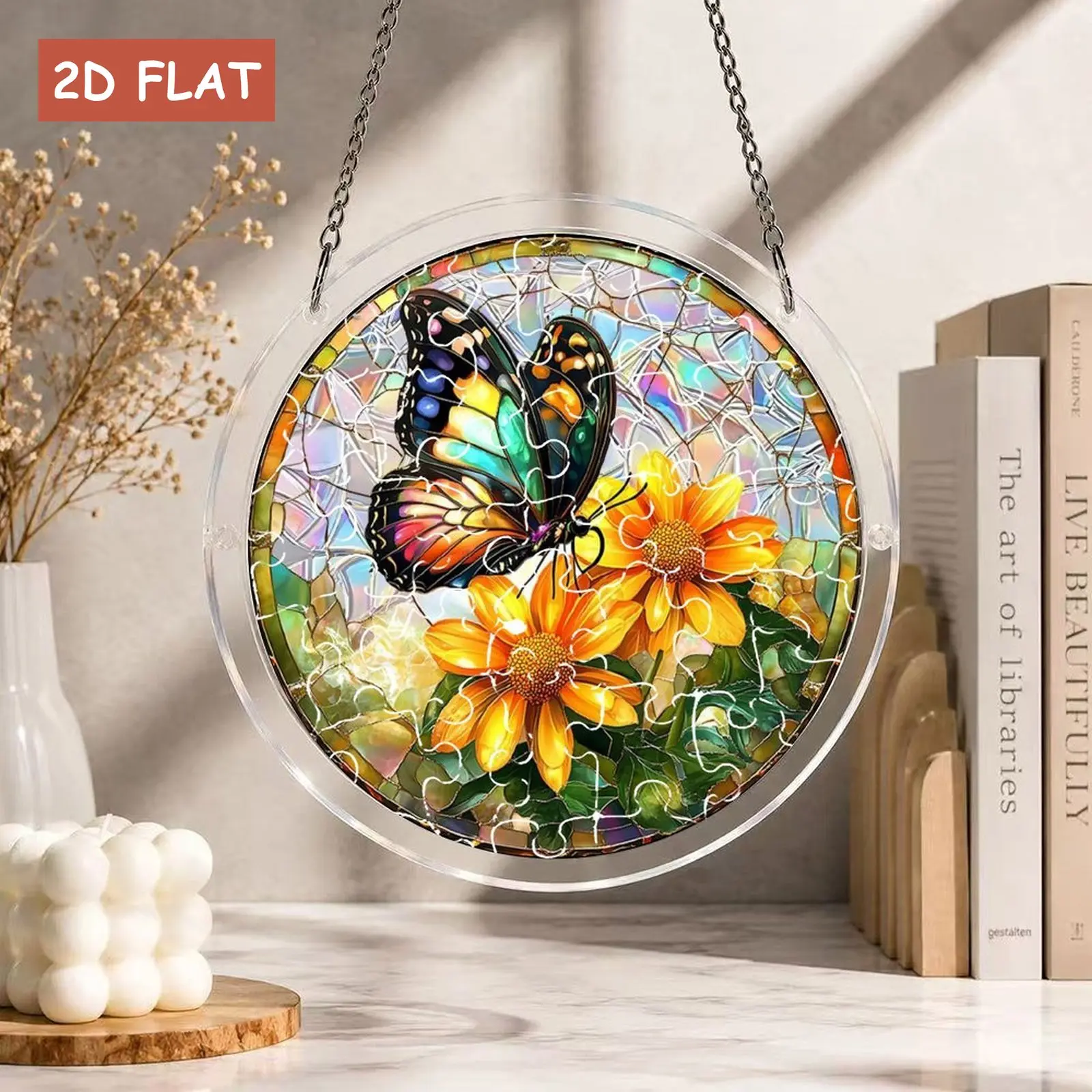 Butterfly & Sunflower Acrylic Puzzle Suncatcher, Stained Glass Effect Flower Window Hanging Decor, DIY Acrylic Jigsaw Puzzle kit  For Home Garden Yard, Creative Nature Theme Craft Gift For Women & Adults,  7.87 inch