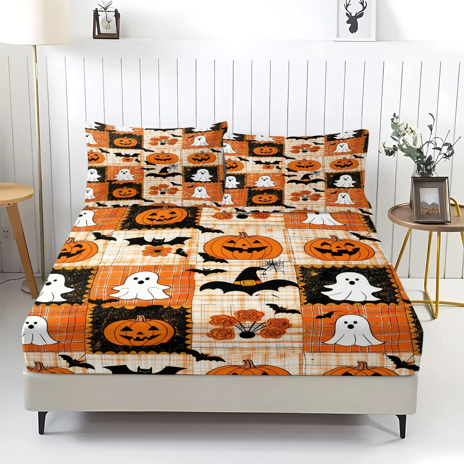 Halloween Plaid Ghost Pumpkin Fitted Sheet Set, Bed sheet set, Soft Digital Print Bat Witch Hat Floral Bedding, Deep Elastic Pocket, Machine Washable, Includes 2 Pillowcases - without Core, Spooky Fall Bedroom Decor