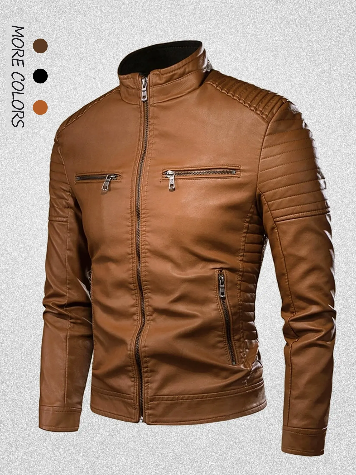 Men's leather jacket, baseball jacket, retro stand up PU motorcycle leather jacket, multi zipper pocket zipper, autumn and winter casual street style slim fit long sleeve leather jacket, suitable for daily gatherings and outdoor wear