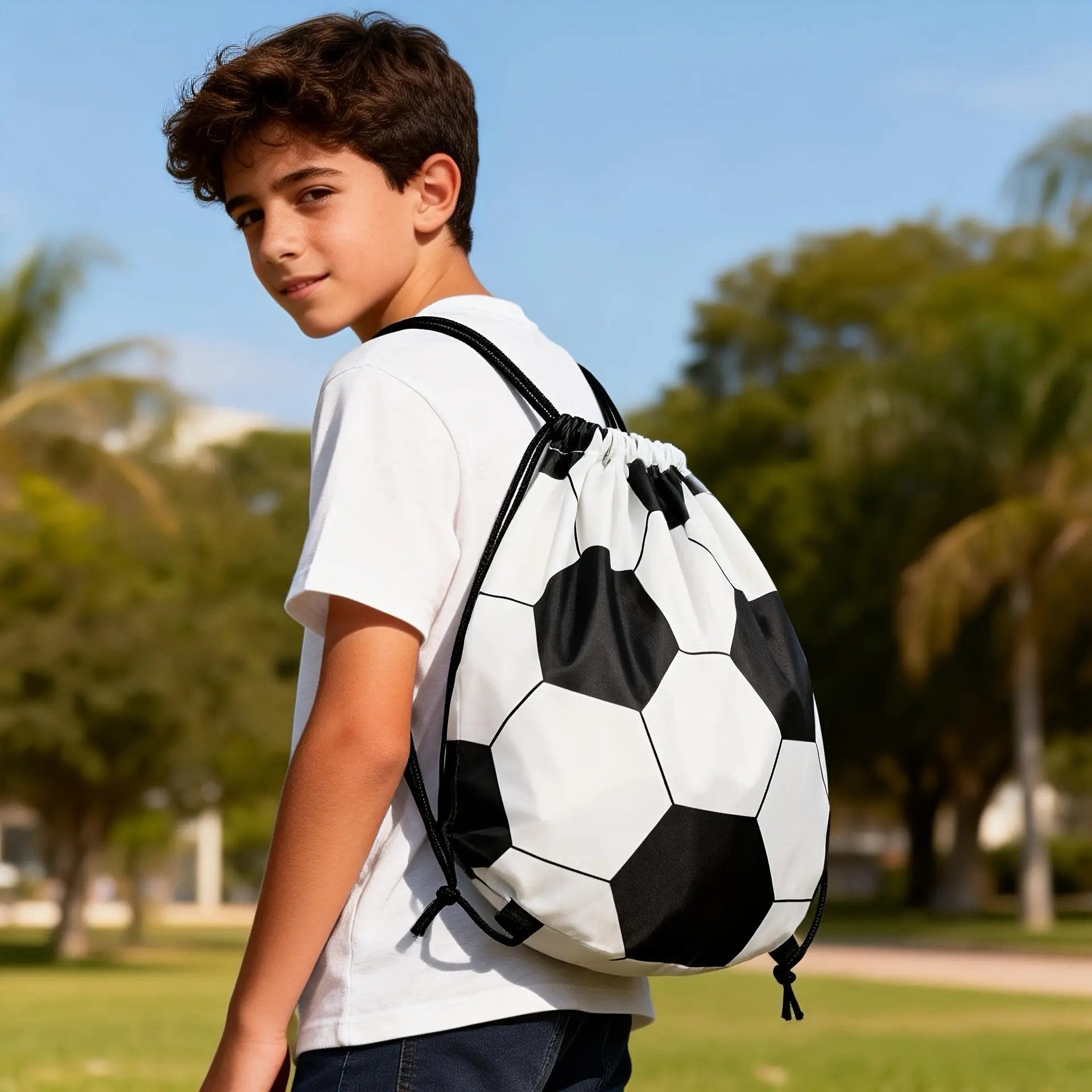 1PC Soccer Ball Shaped Drawstring Backpack, 210 D Polyester Cinch Bag for Football Theme Party Favors. Lightweight Sport Sackpack, Lightweight Sports Bag for Marathon, School Gym & Soccer Training. Durable Soccer Pattern Goodie Bags for Boys/girls