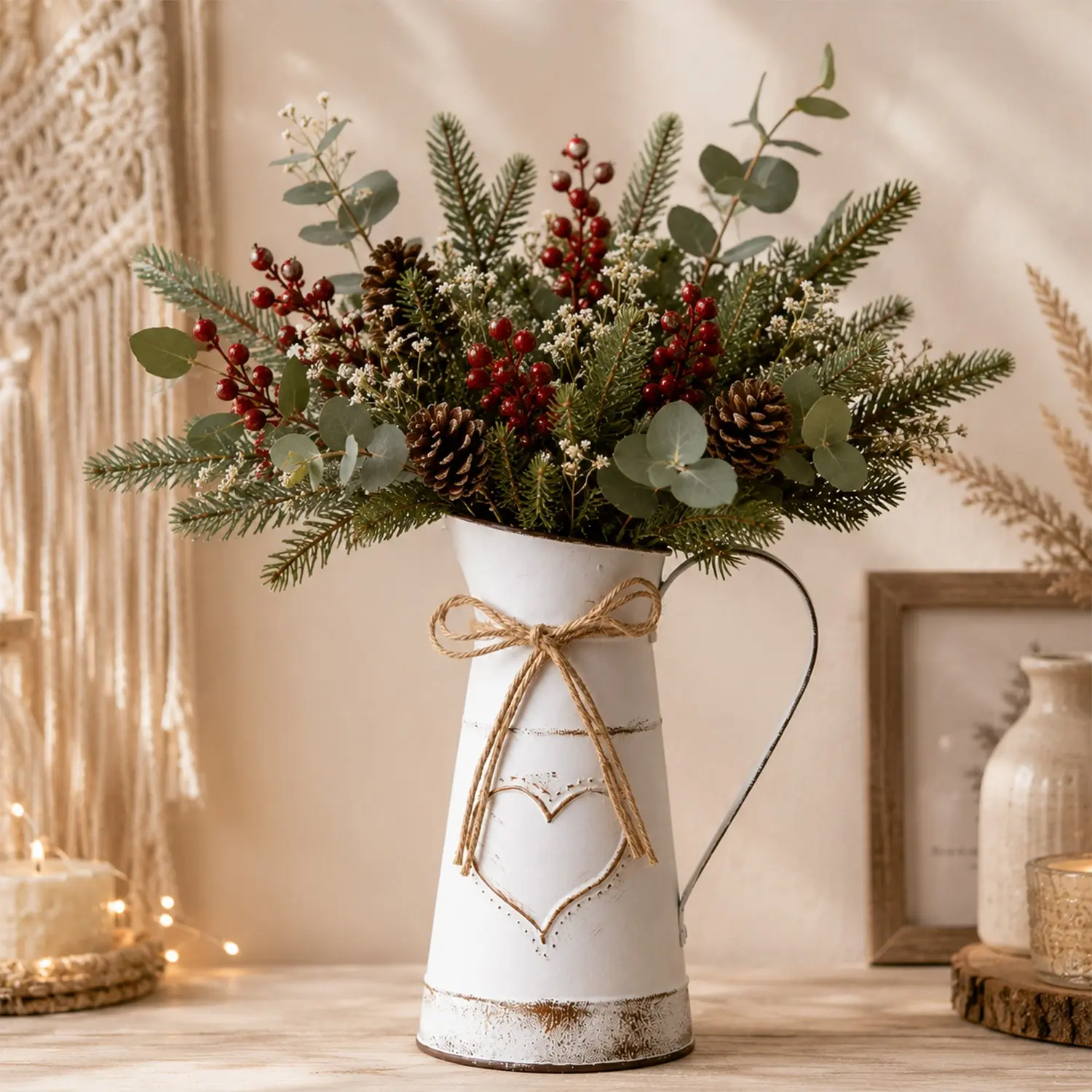 French Country Style Vase, Primitive Jug Rustic Decor, Shabby Chic Milk Jug, Metal Farmhouse Pitcher, Wedding Party Christmas Decoration