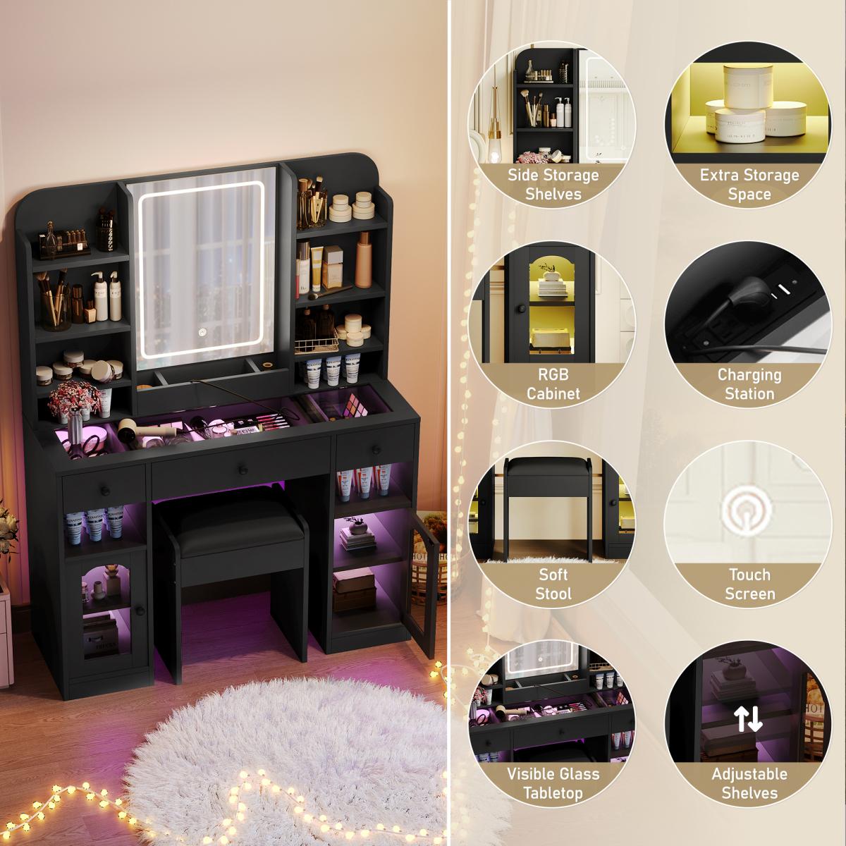43.2" Vanity Desk with LED Mirror & Lights, Glass Top Vanity with RGB Light Cabinets, Dressing Table with 3 Drawers, Shelves & Stool – White/Black