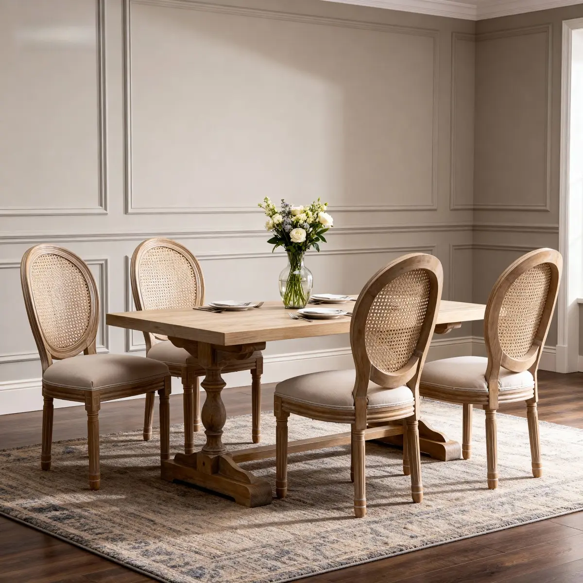 Retro Classic Beige Upholstered French Country Dining Chairs (2-Seat Set) - Solid Wood, Round Back, Wire Drawing Technique, Armless, for Living Room, Kitchen, Two Seats