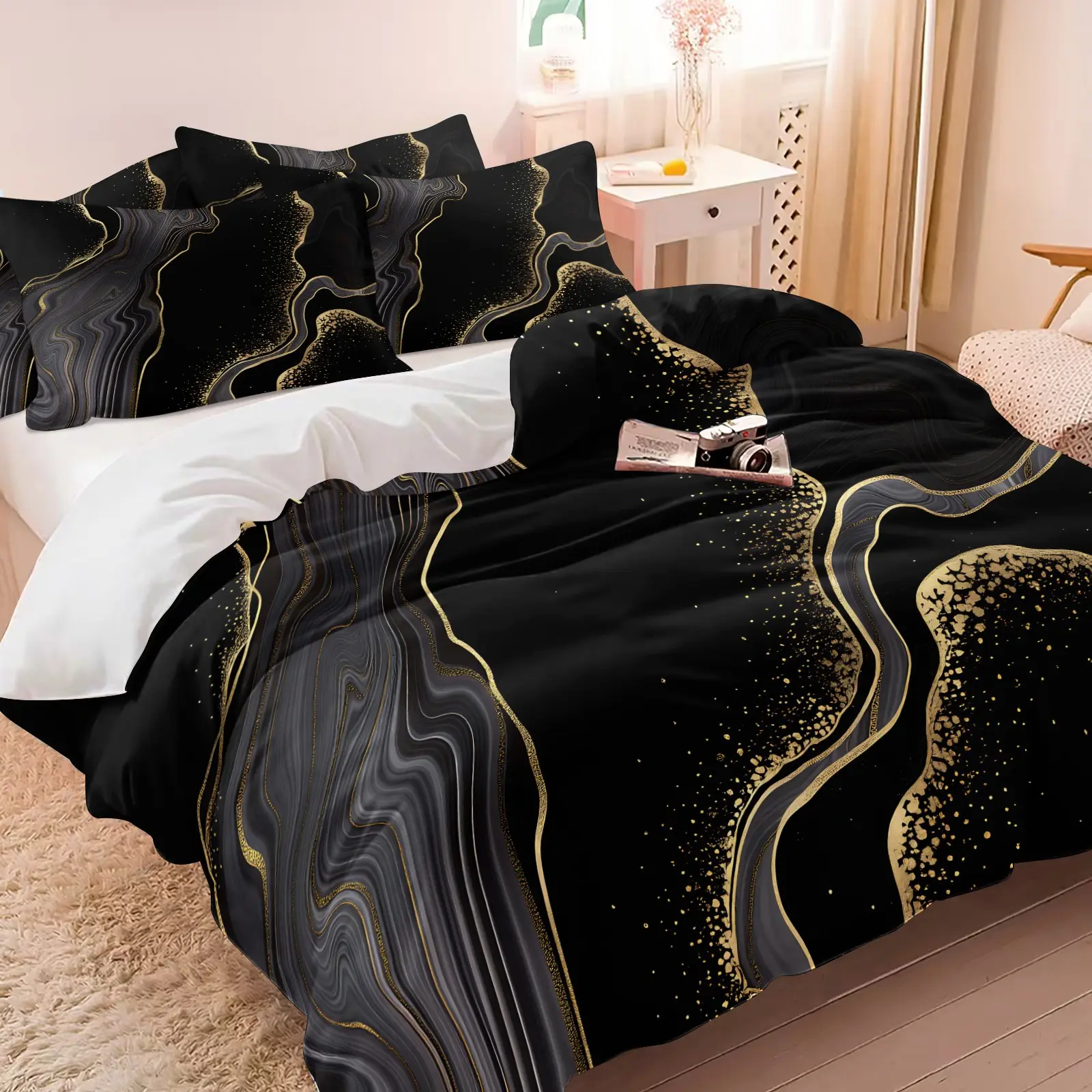 Black Gray Gold Marble Fluid Art Print Duvet Cover Set, 1 Duvet Cover & 1/2 Pillowcases No Filling, Luxury Abstract Swirl Bedding Set, Soft Microfiber, Modern Home Decor Gift for Adults Bedroom Dorm