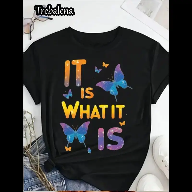 [100% Cotton] Plus Size Women'S   T-Shirt - Colorful Butterfly Graphic & "It Is What It Is" Inspirational Quote, Casual Short Sleeve Round Neck Top For Spring Summer Fall, Mother'S Day Juneteenth Gift, Ladies T Shirts Golf Gift T-Shirt For Men And Women