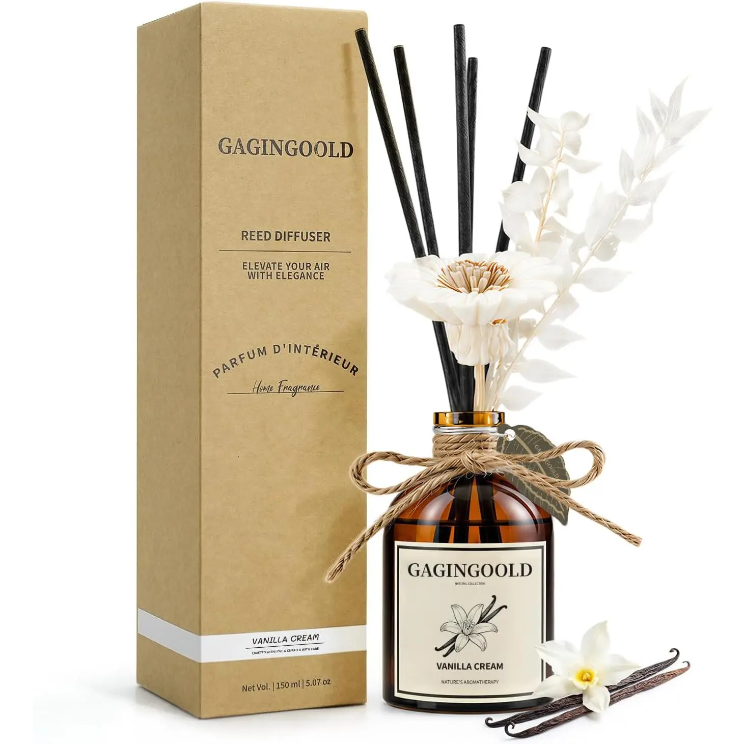 Reed Diffuser Set, Vanilla Cream Scent Diffuser with 10 Sticks & Decorative Flower, Long Lasting Diffusers for Home Fragrance, Vintage Decor for Bathroom Bedroom Office Shelf, 5 Fl.oz