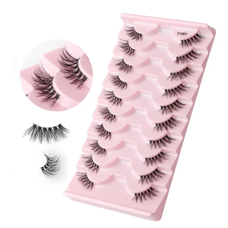 10 Pairs Transparent Strip False Lashes, Fluffy C Curl Mixed Length, Natural Look Eye Tail Enhancer, Solid Form, 0.10mm Thickness