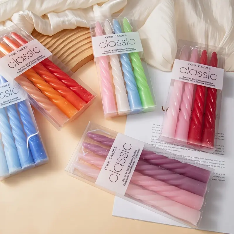 Spiral-threaded long candles, gradient multicolor. Smokeless, odorless, long-lasting. Great for weddings, holiday parties, hotels, B&Bs. Perfect for Valentine’s, Thanksgiving