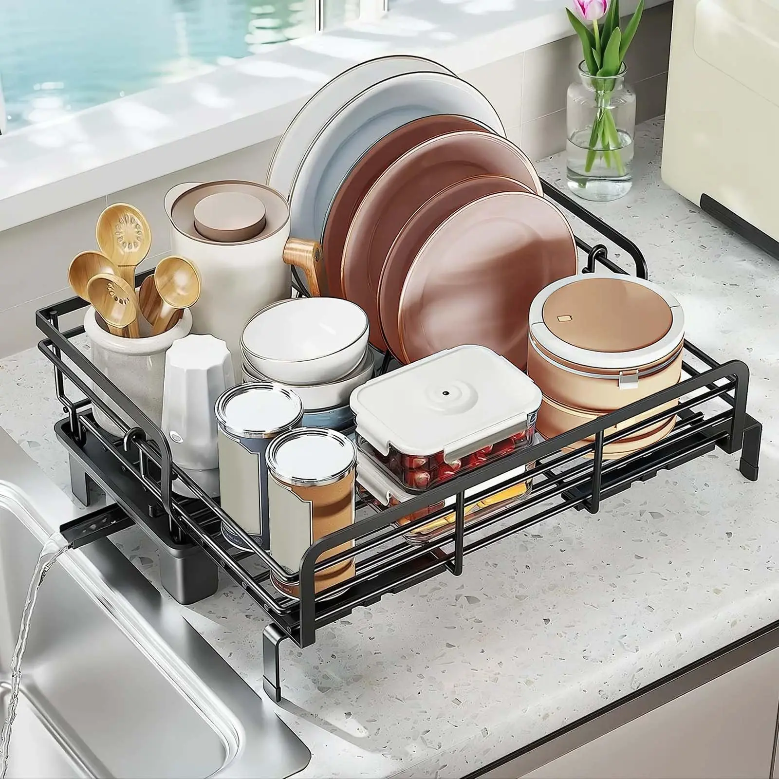 Garvee Extendable Dish Rack with Drainboard, Dish Drying Rack, V-Shaped Card Slot, Stainless Steel Kitchen Dish Drainer for Sink, Black