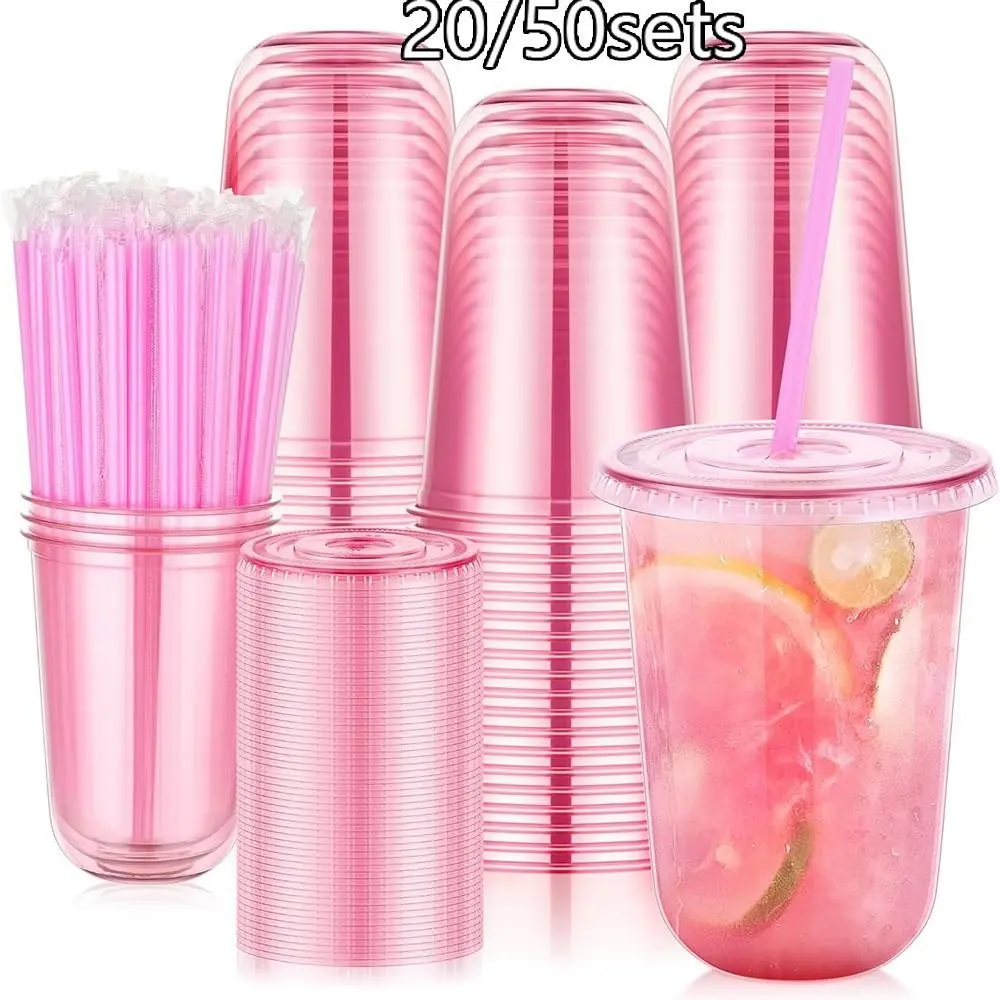 20/50 Count 16oz Plastic Cups with Sip Lids and Straws, Disposable Clear Iced Coffee Cups, Round Bottom for Cold Drinks, Party Supplies