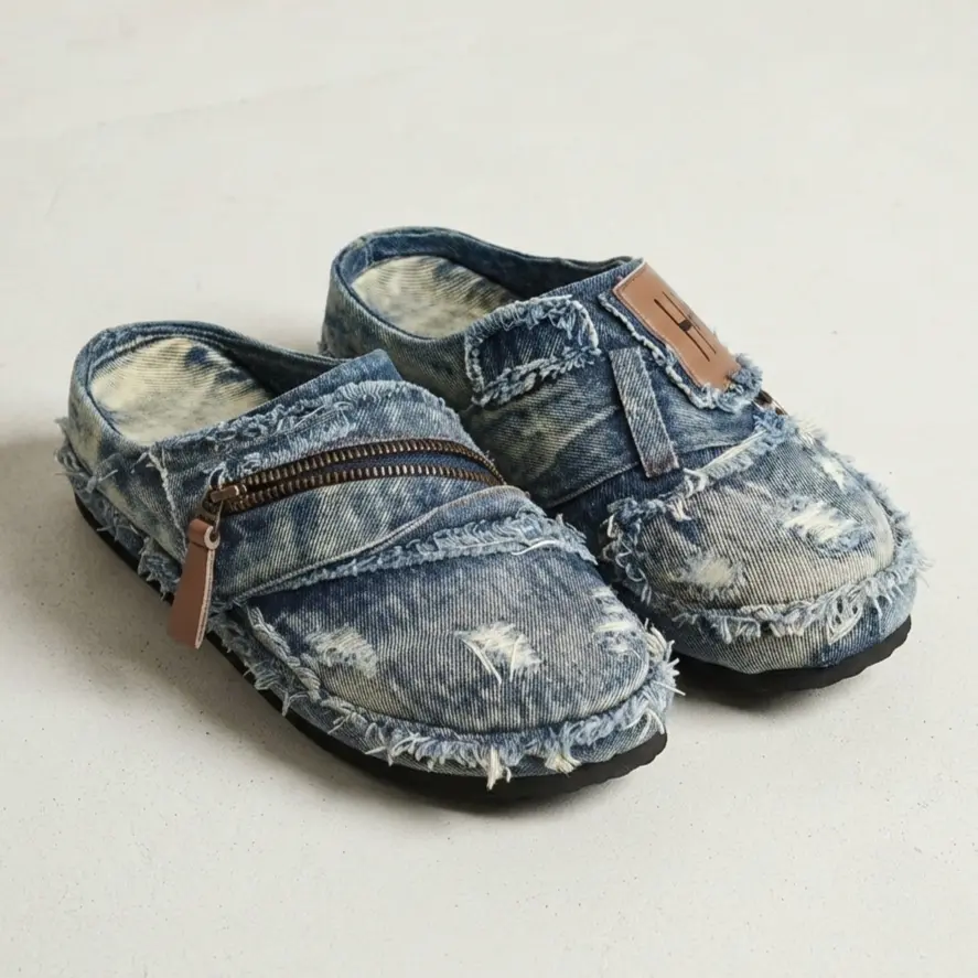 Men's Mule Shoe in Vintage Frayed Denim, Casual Distressed Slides with a Round Toe and Zipper Detail, Flat Comfort Footwear, Pvc, Slip-On