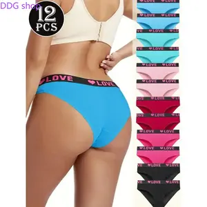 12 Pack Color Block Letter Print Women Underwear, Soft Elastic Breathable Comfort Intimates, Elegant Daily Wear Lingerie, Sweet Romantic Present Gift For Ladies Valentine’s Day
