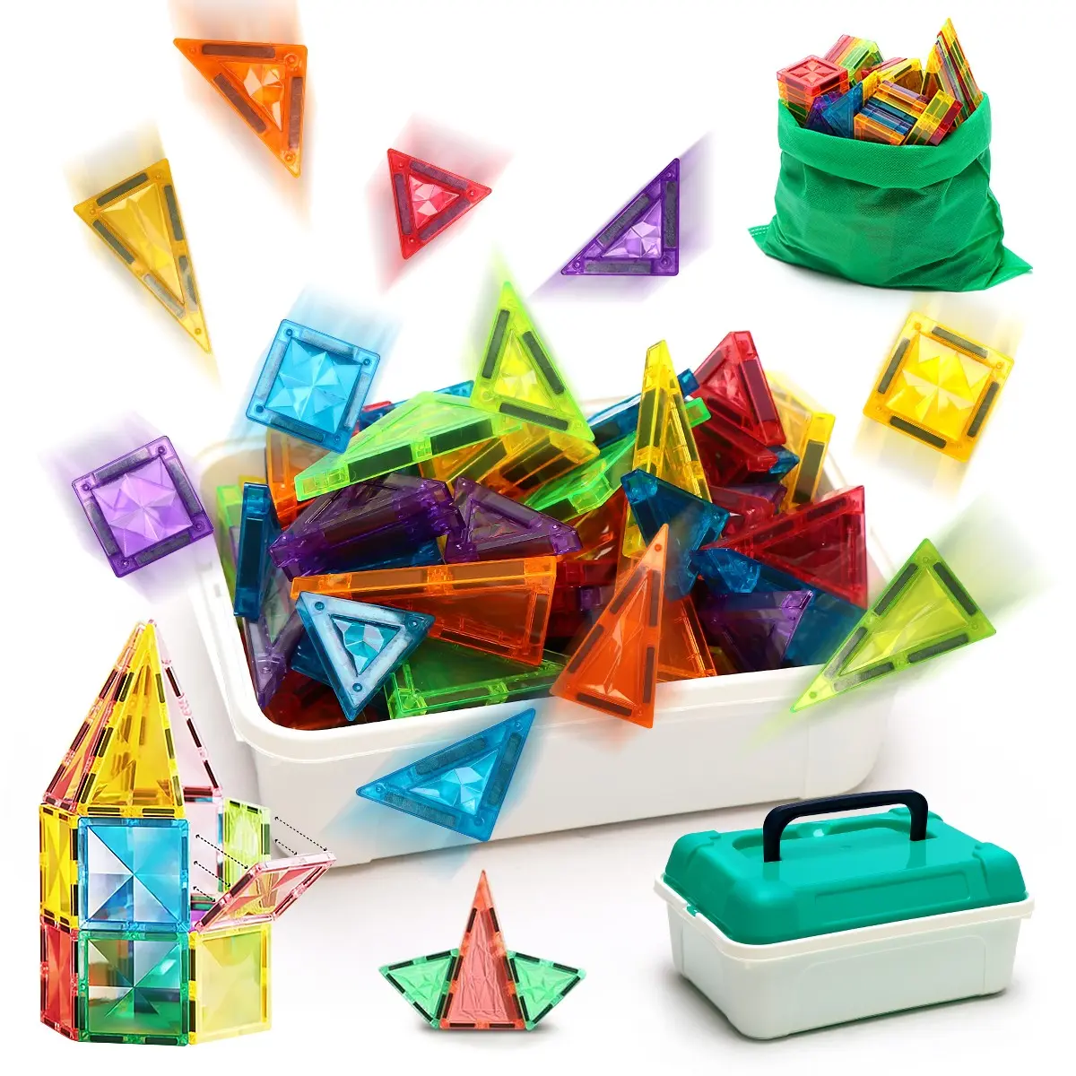 Magnetic Tiles Toy Set, 42/74/158 Pieces Bag + Box, Birthday & Holiday Gift, Suitable for Ages 3+, Educational Building Blocks