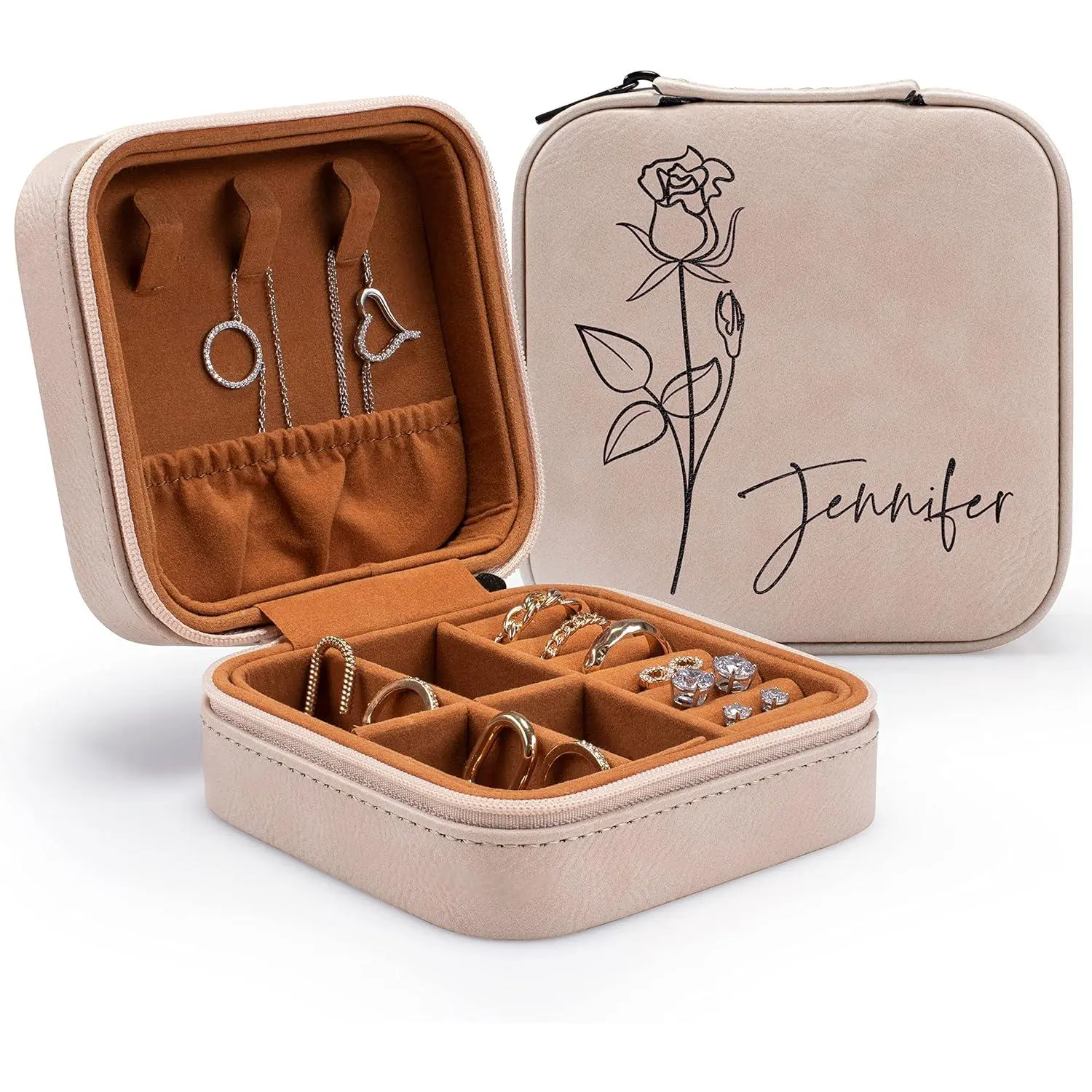 Beige Vegan Leather Square Jewelry Organizer Box - Custom Name, Birth Flower Month, Adjustable, Multi-Compartment, Removable Dividers, Chestnut, Elastic Pocket, Gray, Durable Personalized Travel Case, Gifts for Women (Anniversary, Birthday)