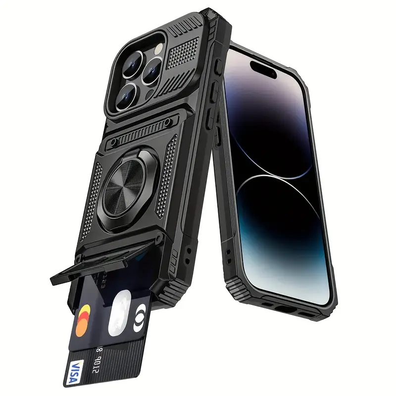 Durable Shockproof Armor Smartphone Case for iPhone 13/12/14/15/16/17 Pro Max Plus Air - Handheld Devices Protection Casing with Hidden Card Slot, Magnetic 360° Rotatable Ring Kickstand, Wallet Cover, Cellphone